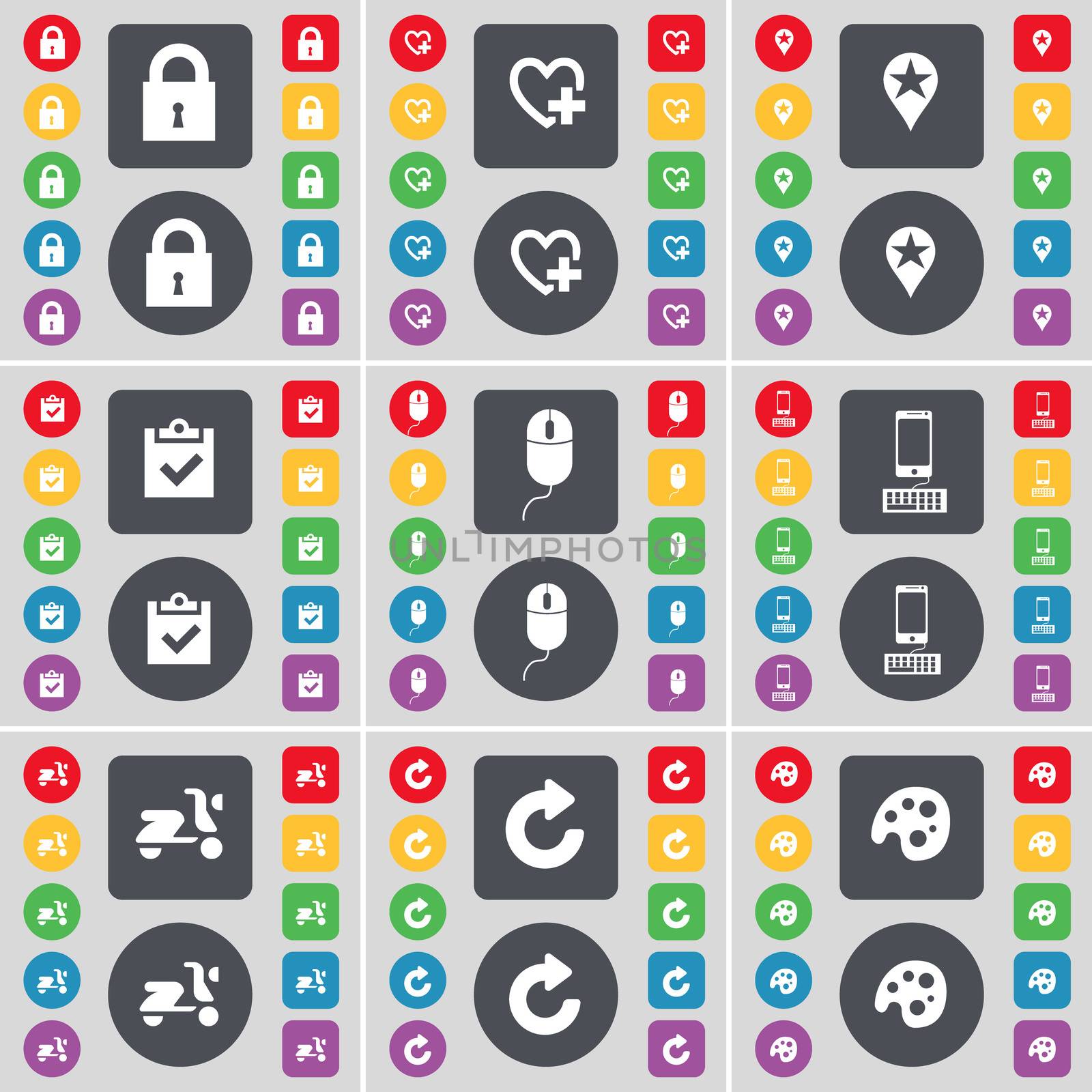 Lock, Heart, Checkpoint, Survey, Mouse, Smartphone, Scooter, Reload, Palette icon symbol. A large set of flat, colored buttons for your design.  by serhii_lohvyniuk