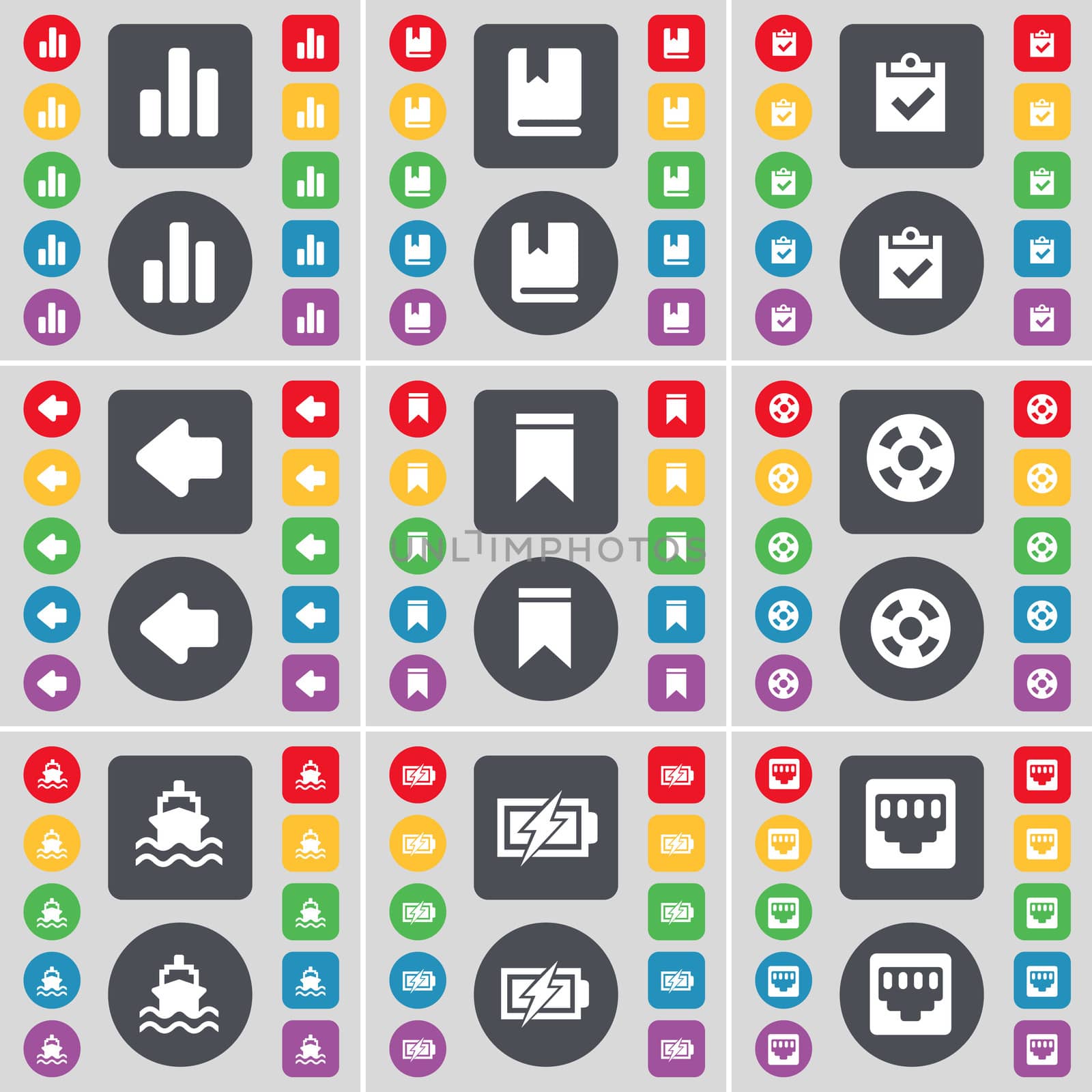 Diagram, Dictionary, Survey, Arrow left, Marker, Videotape, Ship, Charging, LAN socket icon symbol. A large set of flat, colored buttons for your design. illustration