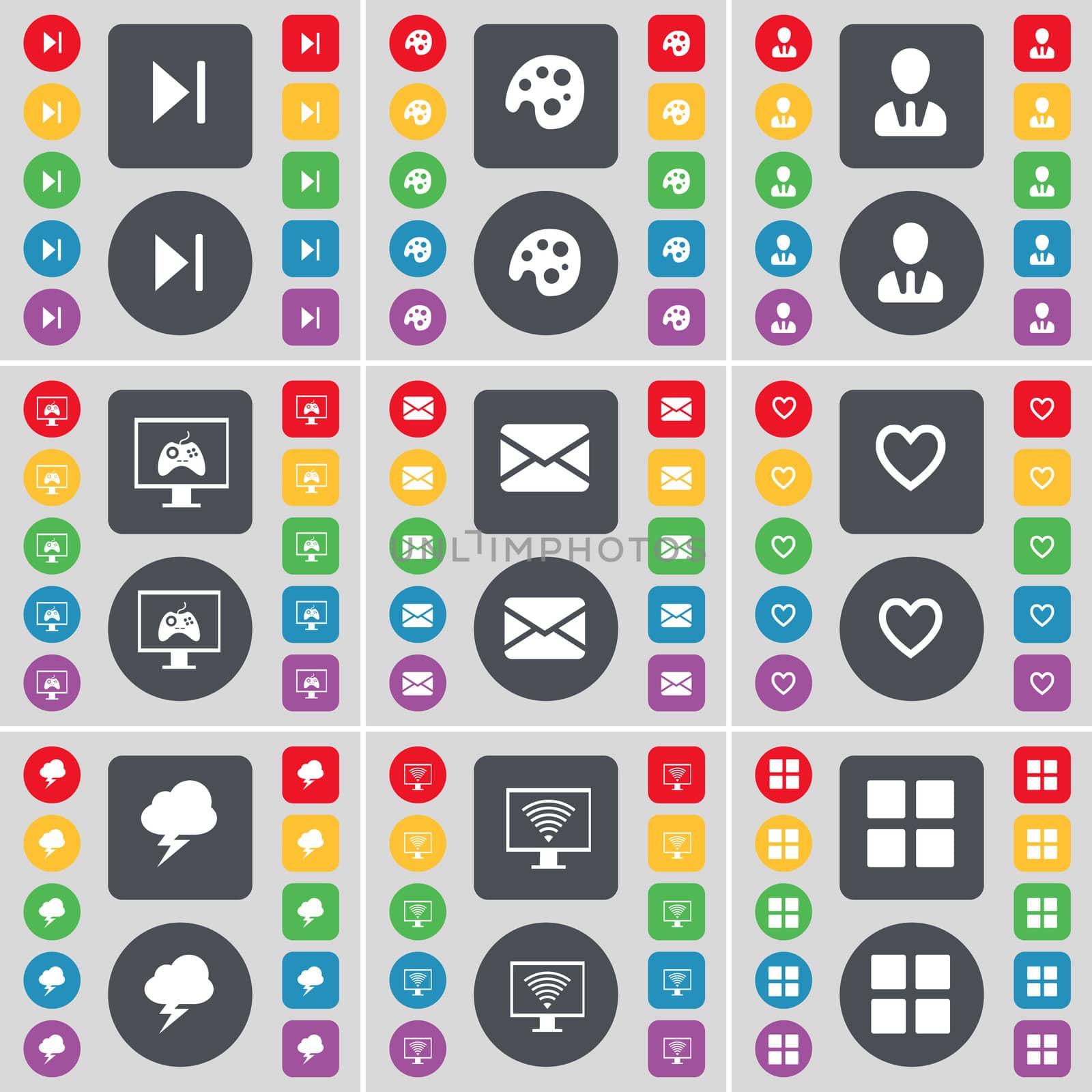 Media skip, Palette, Avatar, Monitor, Message, Heart, Lightning, Monitor, Apps icon symbol. A large set of flat, colored buttons for your design.  by serhii_lohvyniuk