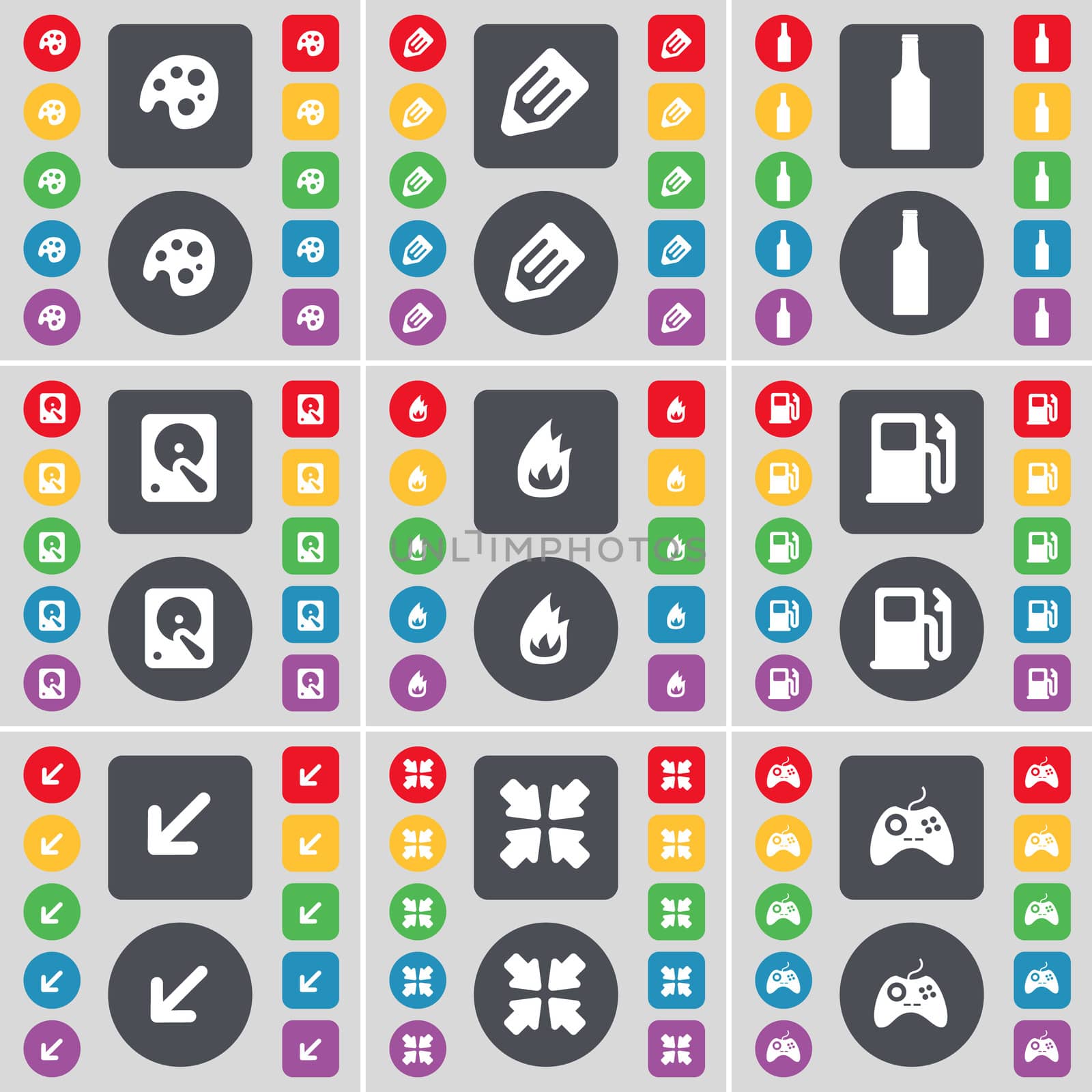 Palette, Pencil, Bottle, Hard drive, Fire, Gas station, Deploying screen, Gamepad icon symbol. A large set of flat, colored buttons for your design.  by serhii_lohvyniuk