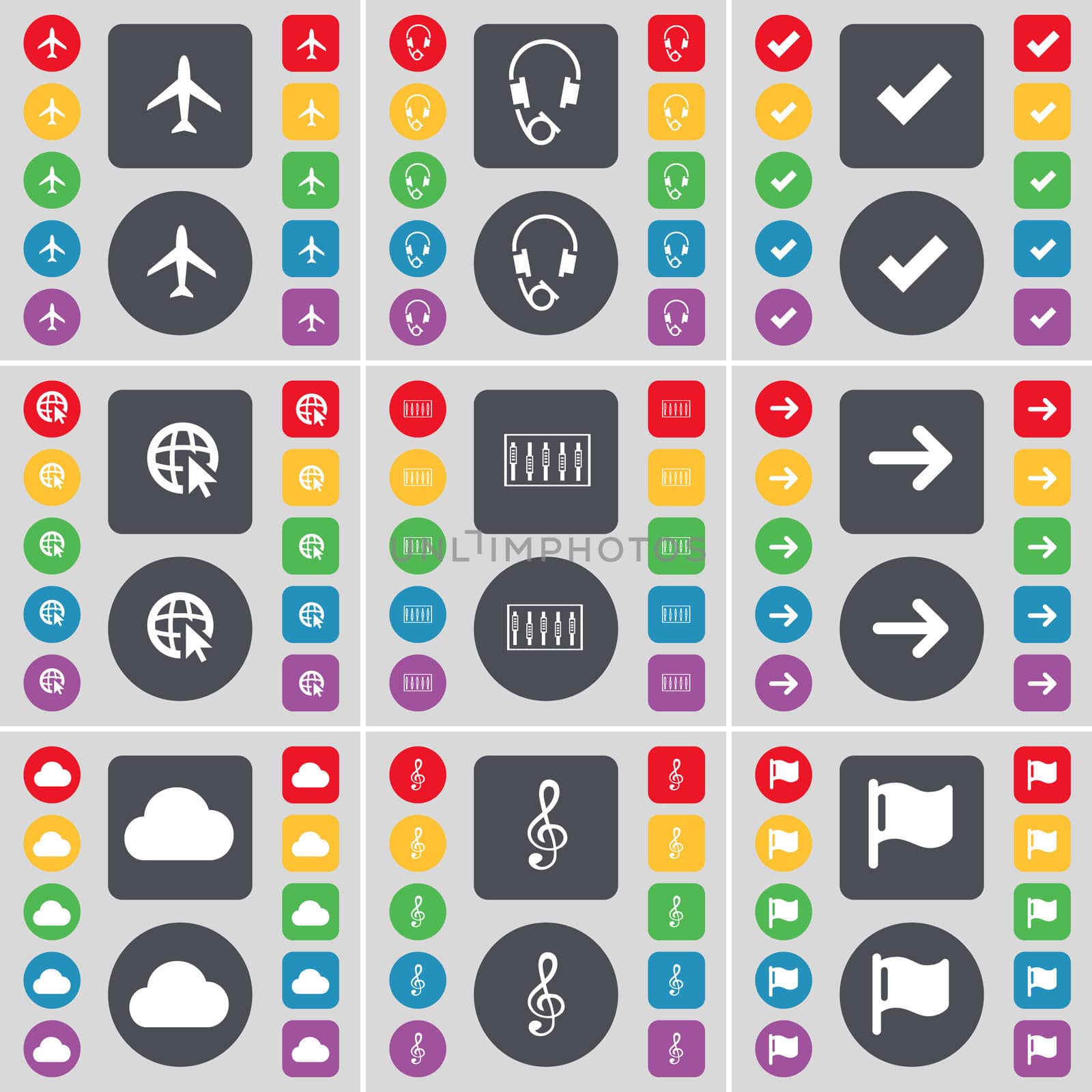 Airplane, Headphones, Tick, Web cursor, Equalizer, Arrow right, Cloud, Clef, Flag icon symbol. A large set of flat, colored buttons for your design.  by serhii_lohvyniuk