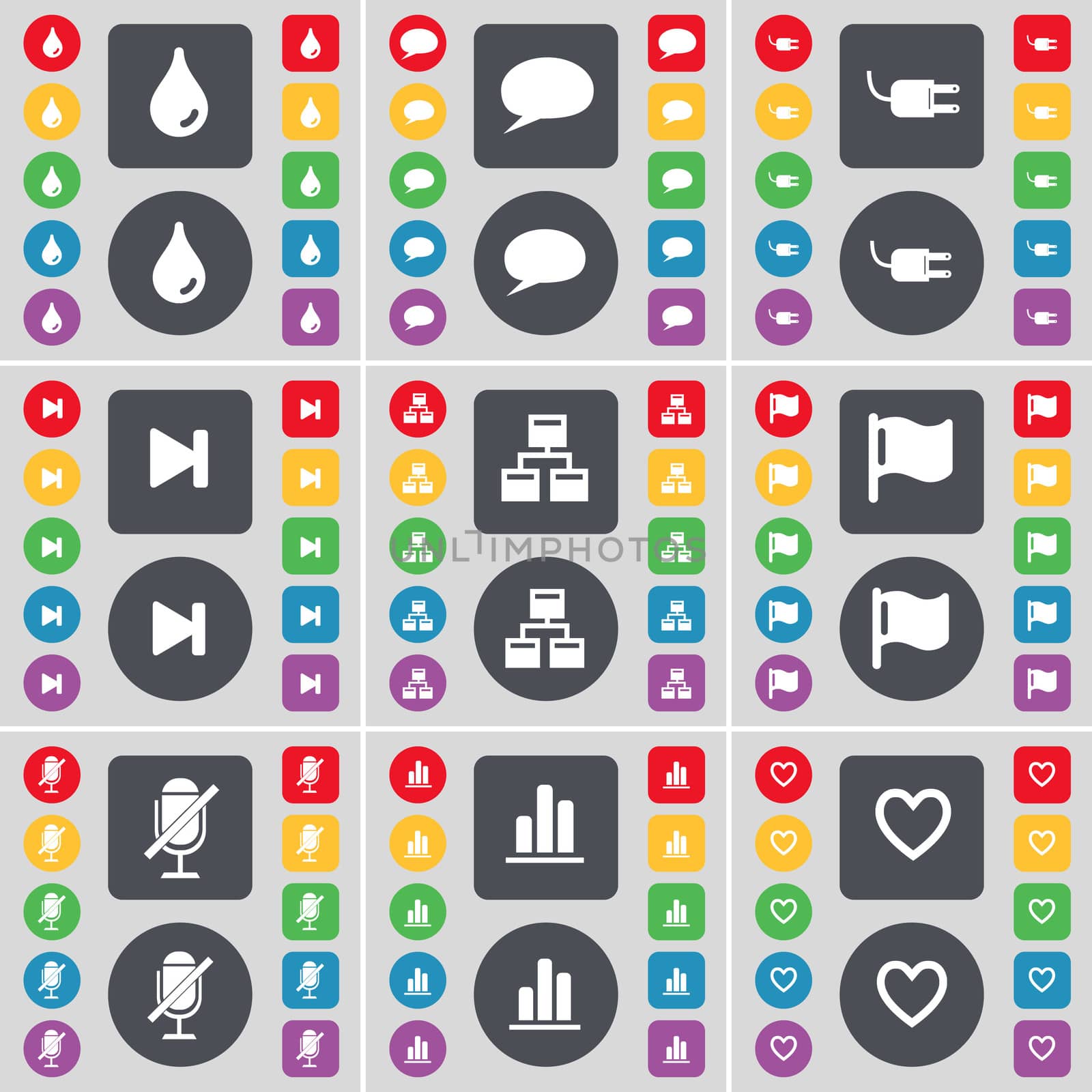 Drop, Chat bubble, Socket, Media skip, Network, Flag, Microphone, Diagram, Heart icon symbol. A large set of flat, colored buttons for your design. illustration