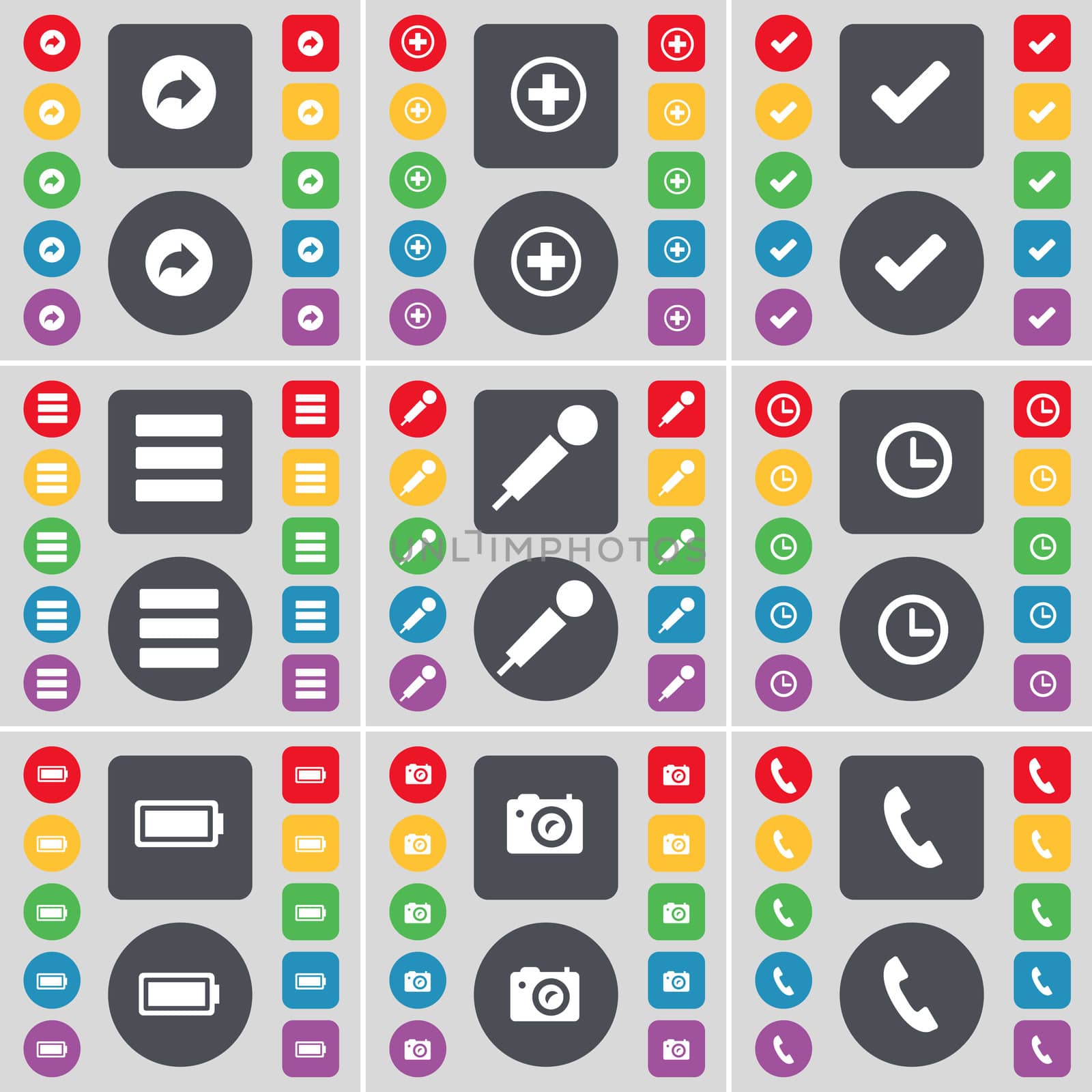 Back, Plus, Tick, Apps, Microphone, Clock, Battery, Camera, Receiver icon symbol. A large set of flat, colored buttons for your design. illustration