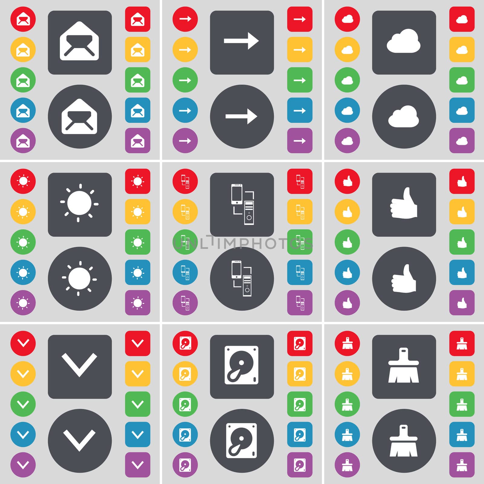 Message, Arrow right, Cloud, Light, Connection, Like, Arrow down, Hard drive, Brush icon symbol. A large set of flat, colored buttons for your design.  by serhii_lohvyniuk