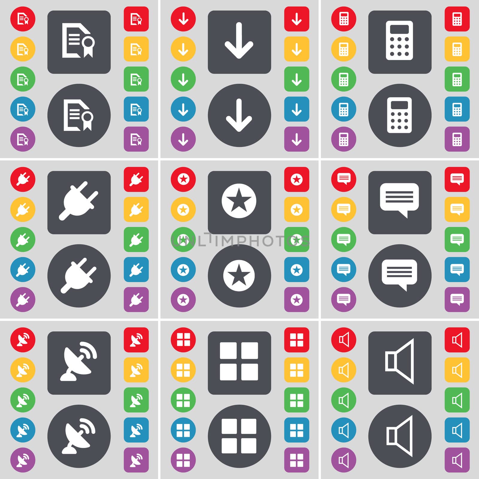 Text file, Arrow down, Calculator, Socket, Star, Chat bubble, Satellite dish, Apps, Sound icon symbol. A large set of flat, colored buttons for your design.  by serhii_lohvyniuk