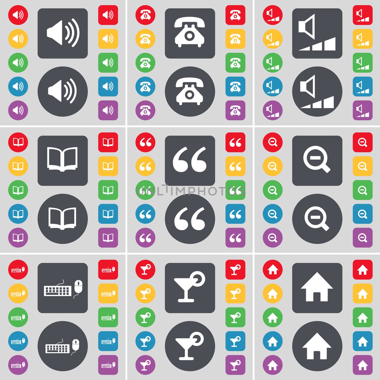 Sound, Retro phone, Volume, Book, Quotation mark, Magnifying glass, Keyboard, Cocktail, House icon symbol. A large set of flat, colored buttons for your design. illustration