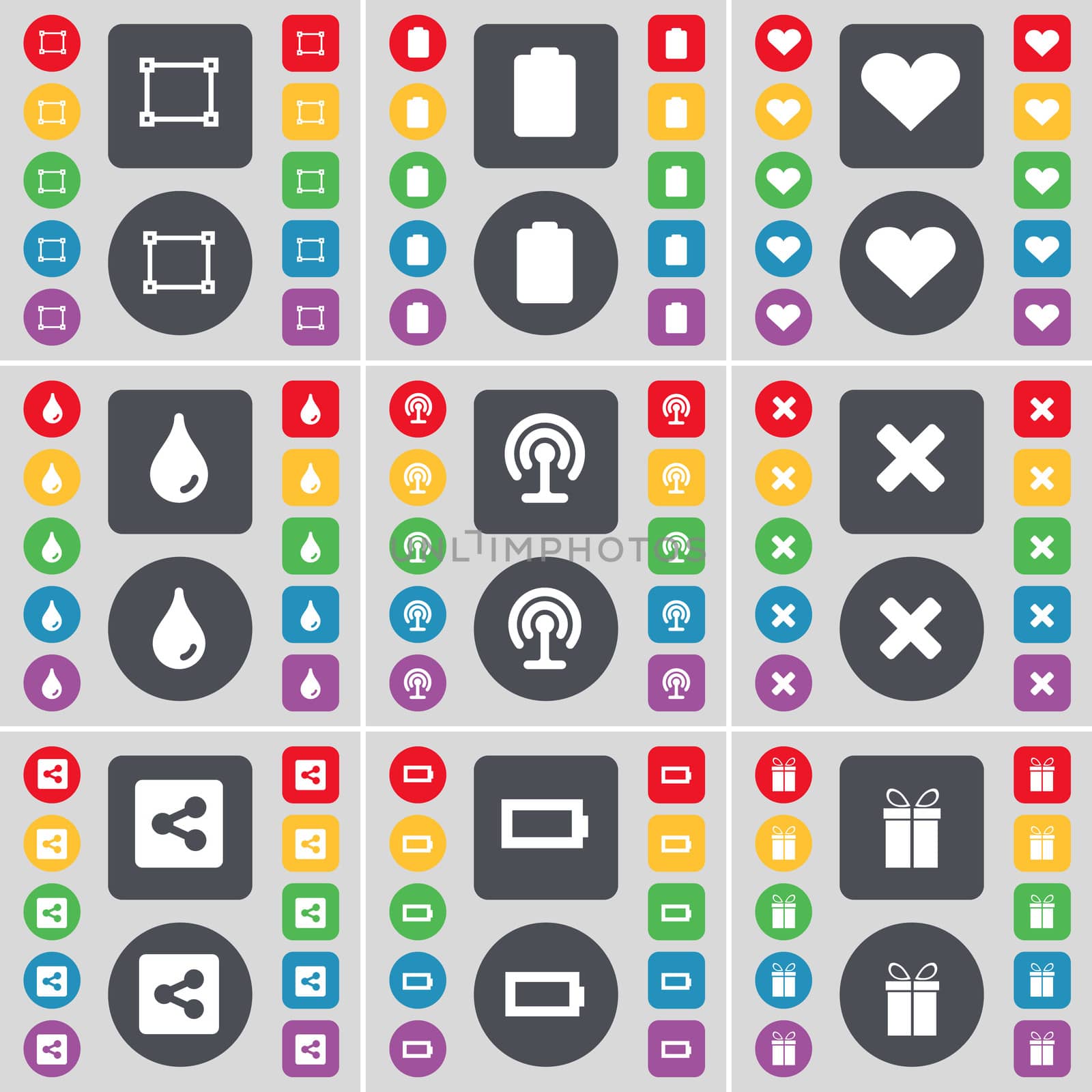 Frame, Battery, Heart, Drop, Wi-Fi, Stop, Share, Battery, Gift icon symbol. A large set of flat, colored buttons for your design. illustration