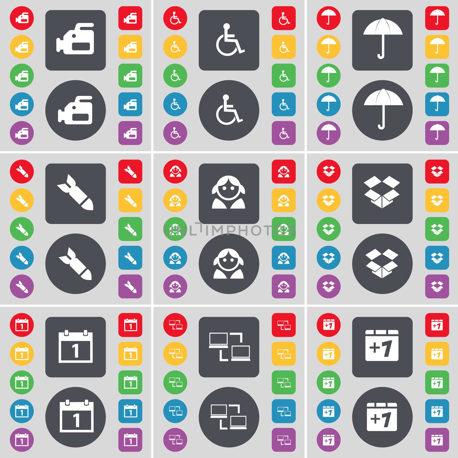 Film camera, Disabled person, Umbrella, Rocket, Avatar, Dropbox, Calendar, Connection, Plus one icon symbol. A large set of flat, colored buttons for your design. illustration