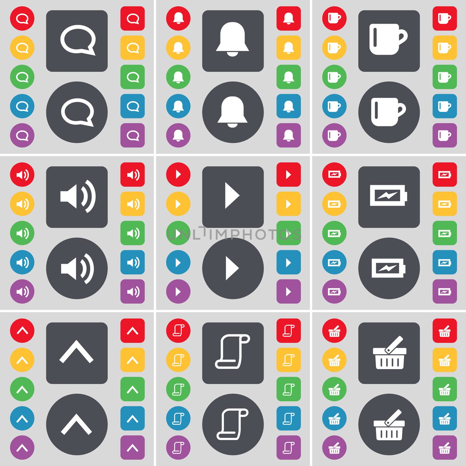 Chat bubble, Notification, Cup, Sound, Media skip, Charging, Arrow up, Scroll, Basket icon symbol. A large set of flat, colored buttons for your design. illustration