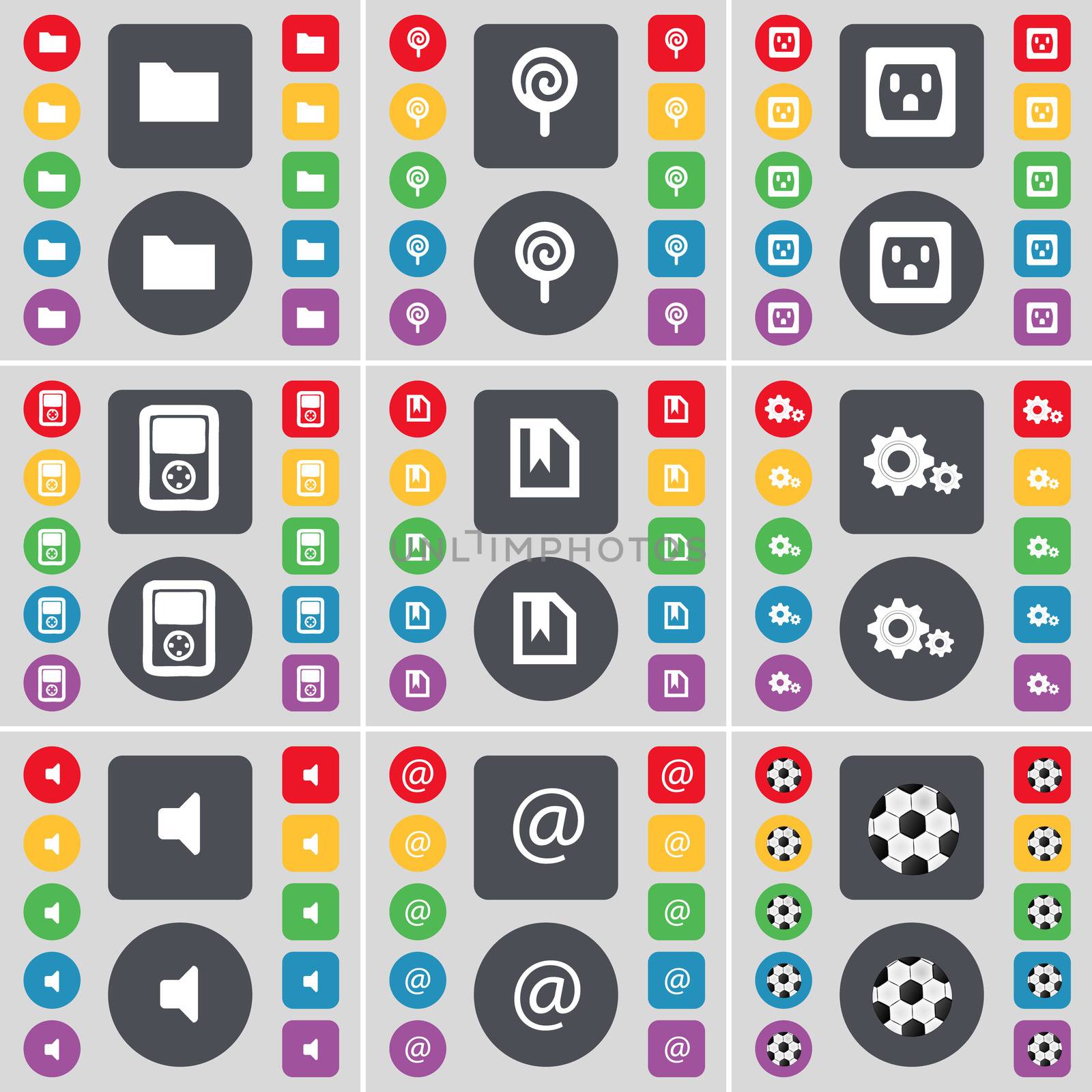 Folder, Lollipop, Socket, Player, File, Gear, Sound, Mail, Ball icon symbol. A large set of flat, colored buttons for your design. illustration