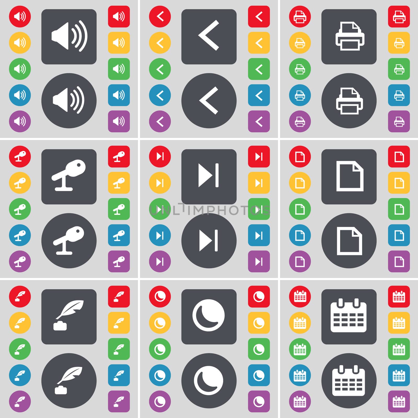 Sound, Arrow left, Printer, Microphone, Media skip, File, Ink pot, Moon, Calendar icon symbol. A large set of flat, colored buttons for your design. illustration