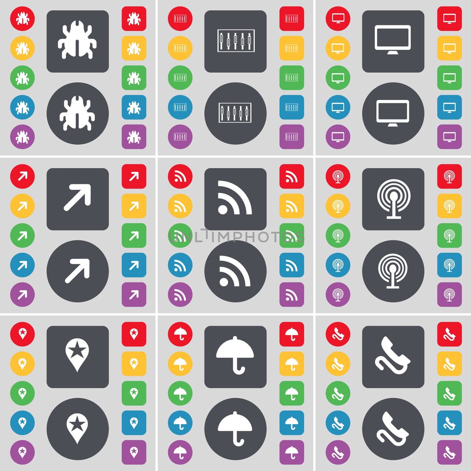 Bug, Equalizer, Monitor, Full screen, RSS, Wi-Fi, Checkpoint, Umbrella, Receiver icon symbol. A large set of flat, colored buttons for your design.  by serhii_lohvyniuk