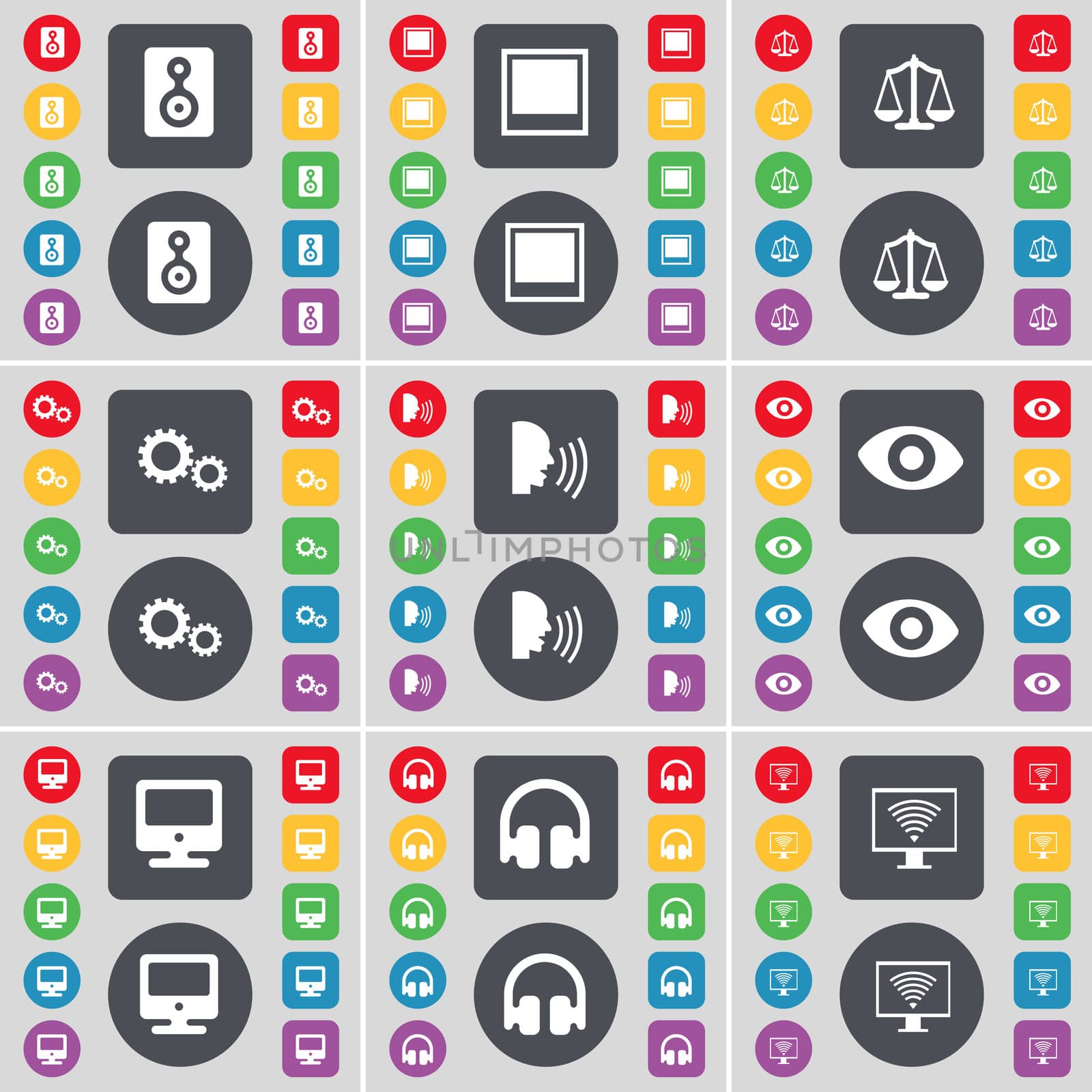 Speaker, Window, Scales, Gear, Talk, Vision, Monitor, Headphones icon symbol. A large set of flat, colored buttons for your design. illustration