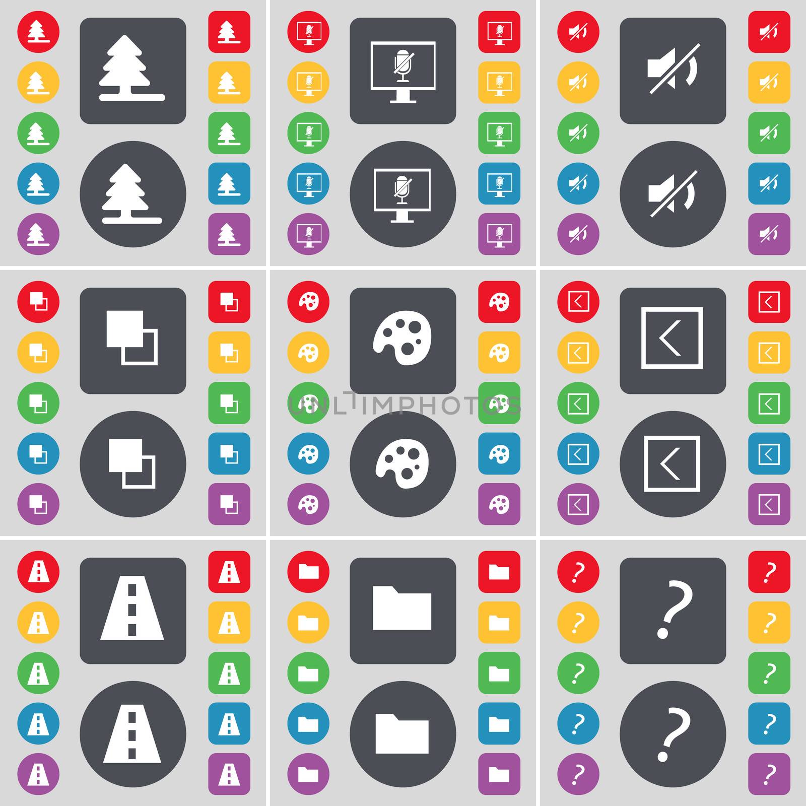 Firtree, Monitor, Mute, Copy, Palette, Arrow left, Road, Folder, Question mark icon symbol. A large set of flat, colored buttons for your design.  by serhii_lohvyniuk