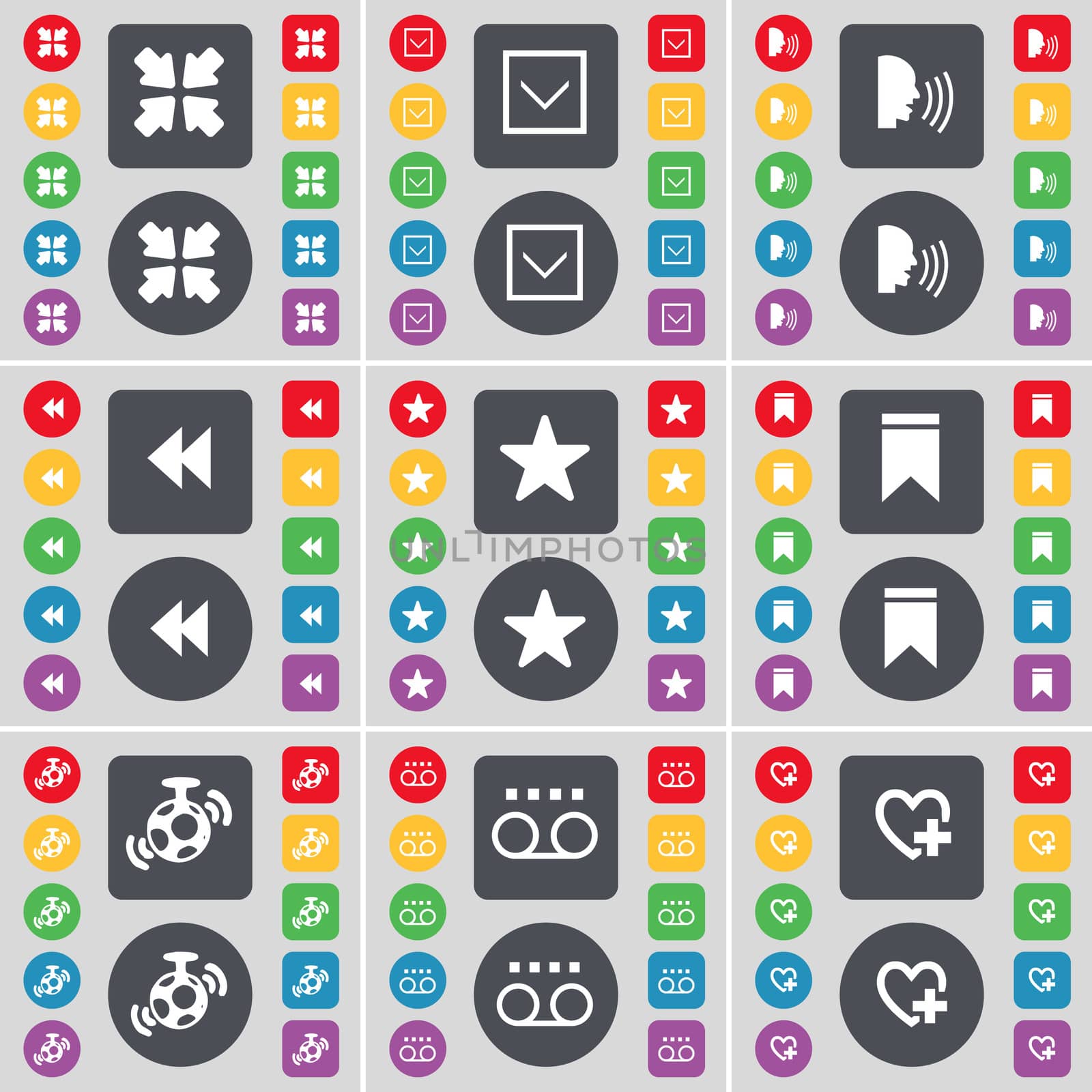 Deploying screen, Arrow down, Talk, Rewind, Star, Marker, Speaker, Cassette, Heart icon symbol. A large set of flat, colored buttons for your design. illustration