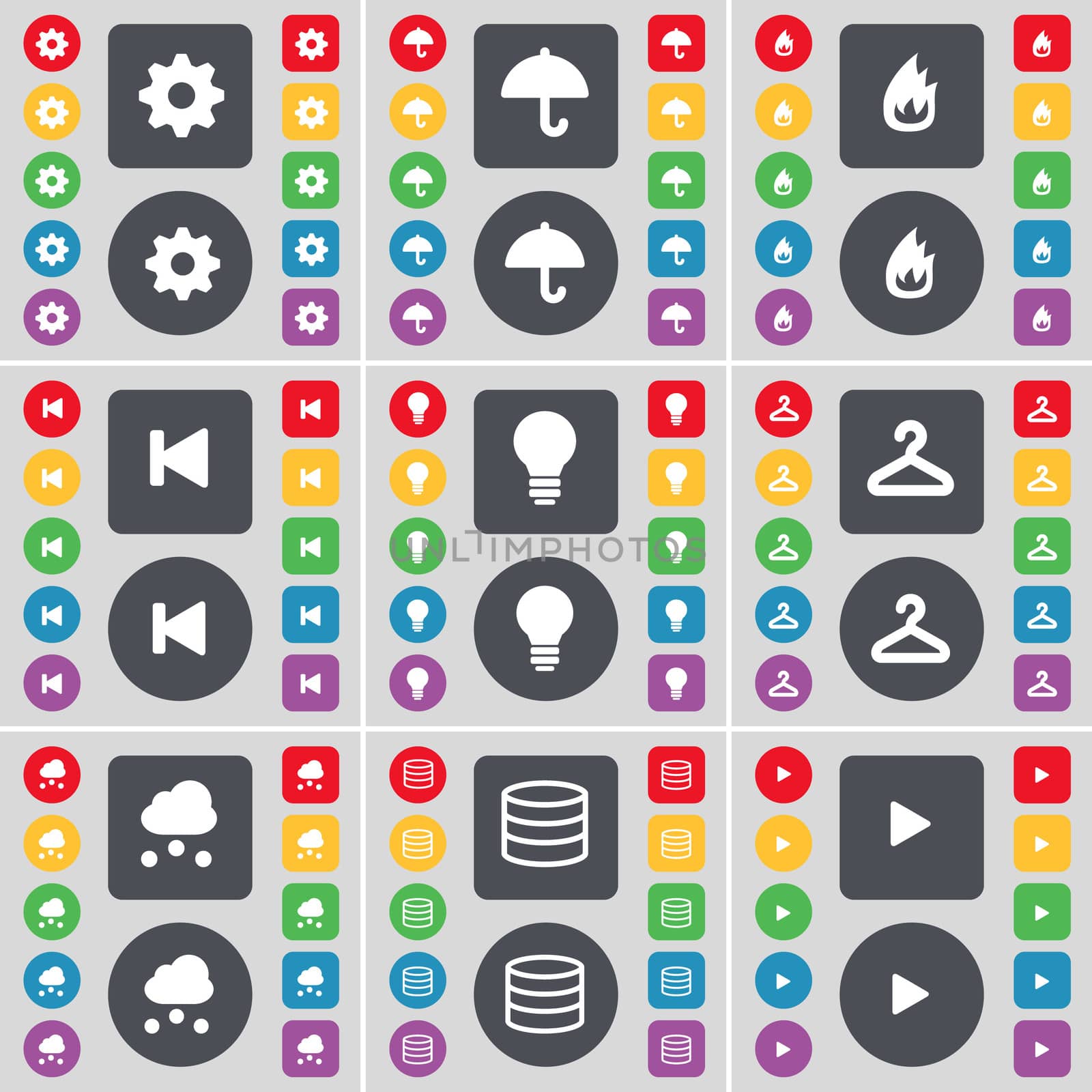 Gear, Umbrella, Fire, Media skip, Light bulb, Hanger, Cloud, Database, Media play icon symbol. A large set of flat, colored buttons for your design. illustration