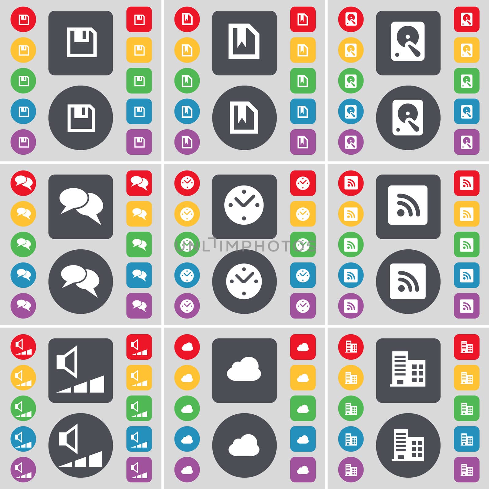 Floppy, File, Hard drive, Chat, Clock, RSS, Volume, Cloud, Building icon symbol. A large set of flat, colored buttons for your design.  by serhii_lohvyniuk