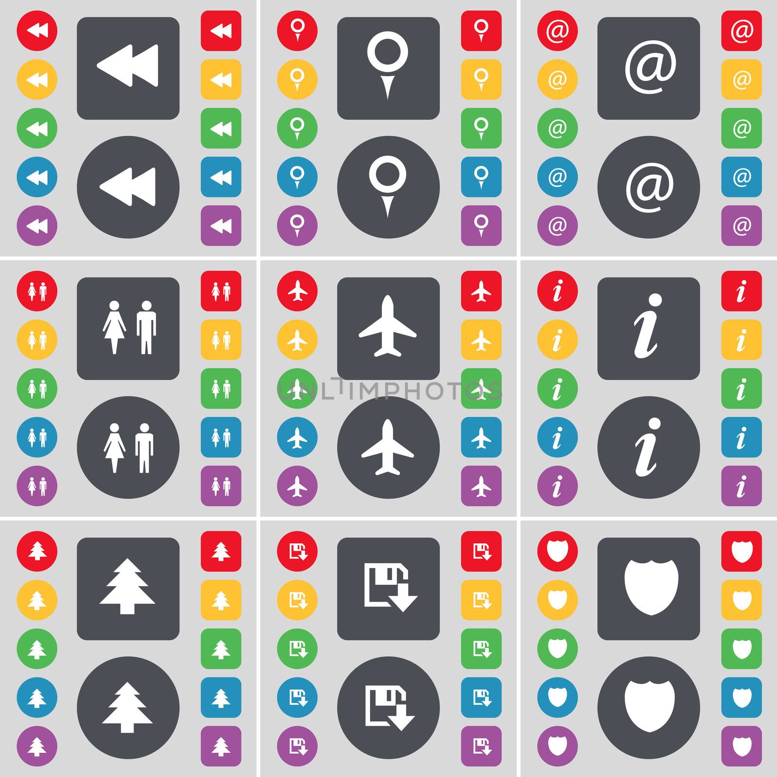 Rewind, Checkpoint, Mail, Silhouette, Airplane, Information, Firtree, Floppy, Badge icon symbol. A large set of flat, colored buttons for your design.  by serhii_lohvyniuk