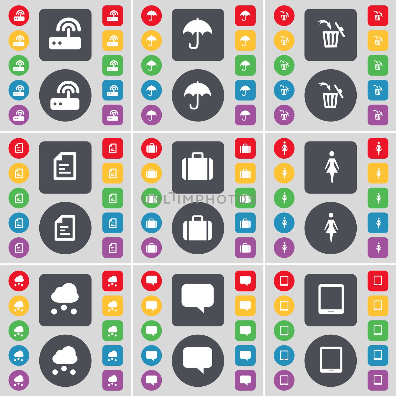 Router, Umbrella, Trash can, Text file, Suitcase, Silhouette, Cloud, Chat bubble, Tablet PC icon symbol. A large set of flat, colored buttons for your design. illustration