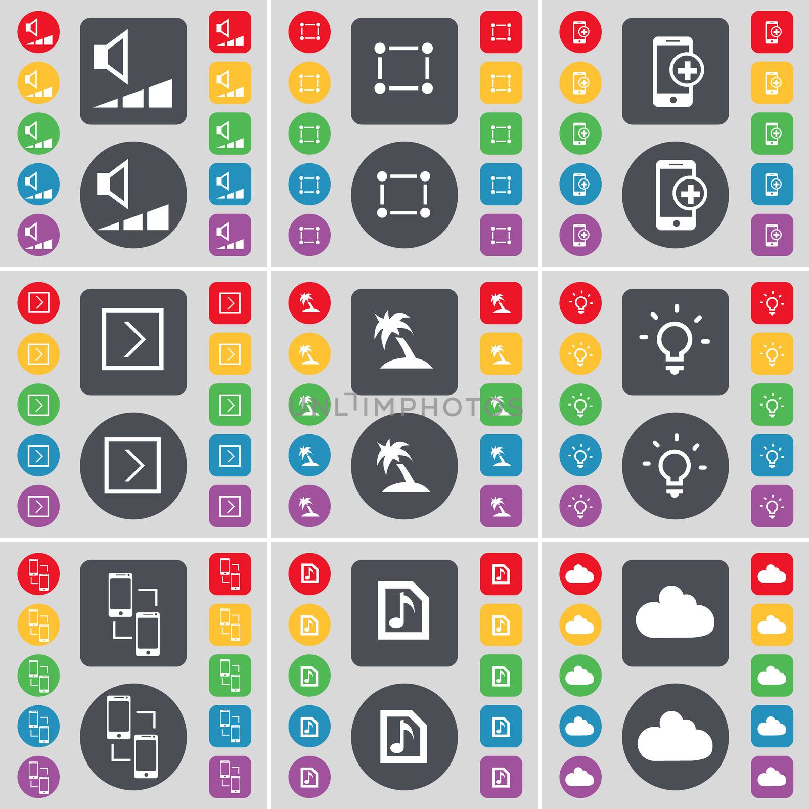 Volume, Frame, Smartphone, Arrow right, Palm, Light bulb, Connection, Music file, Cloud icon symbol. A large set of flat, colored buttons for your design. illustration