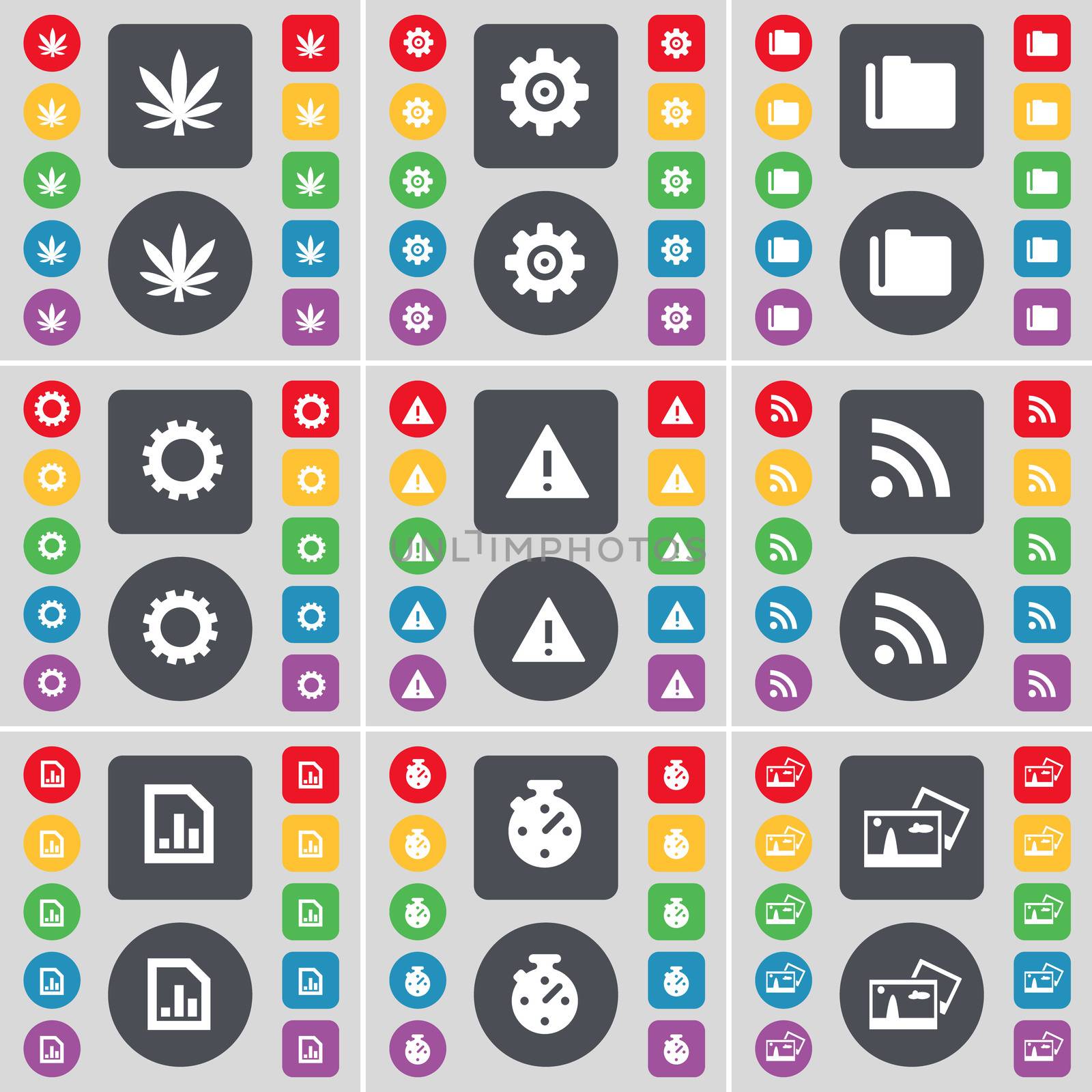Marijuana, Gear, Folder, Gear, Warning, RSS, Diagram file, Stopwatch, Picture icon symbol. A large set of flat, colored buttons for your design.  by serhii_lohvyniuk