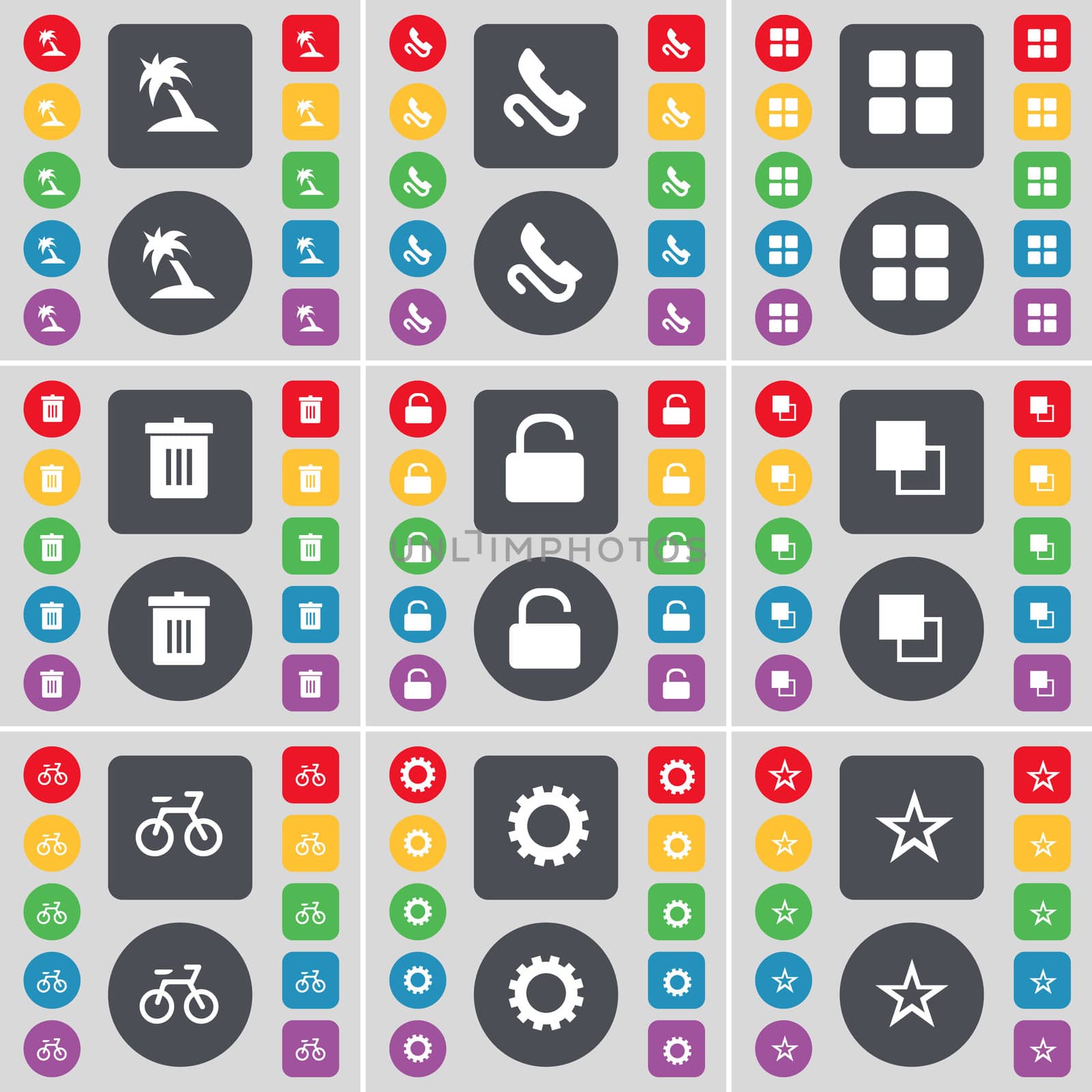 Palm, Receiver, Apps, Trash can, Lock, Copy, Bicycle, Gear, Star icon symbol. A large set of flat, colored buttons for your design.  by serhii_lohvyniuk