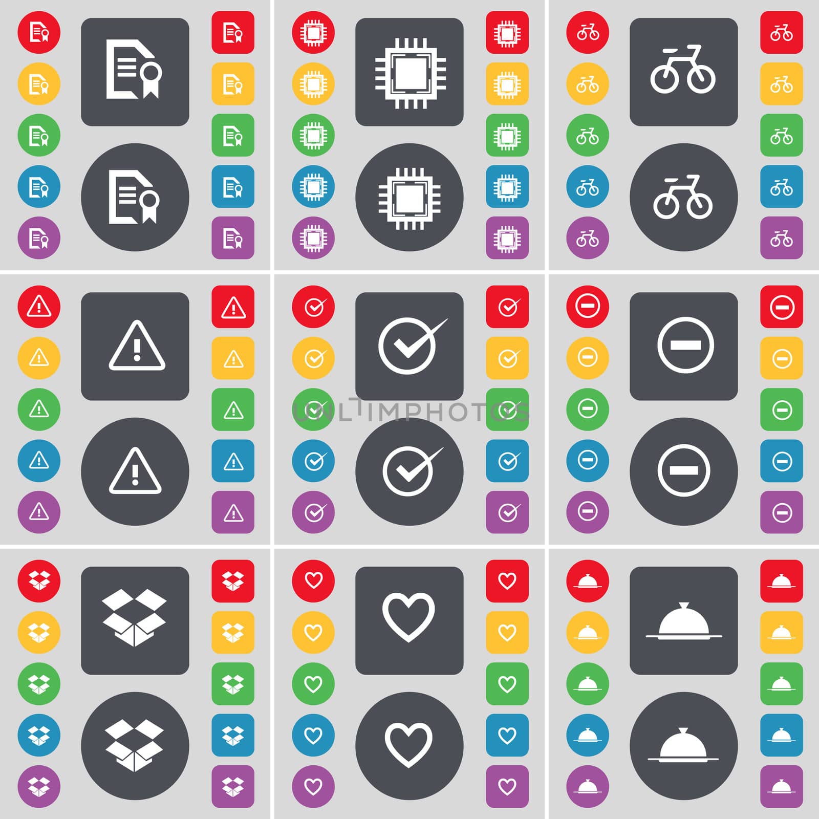 Text file, Processor, Bicycle, Warning, Tick, Minus, Dropbox, Heart, Tray icon symbol. A large set of flat, colored buttons for your design. illustration