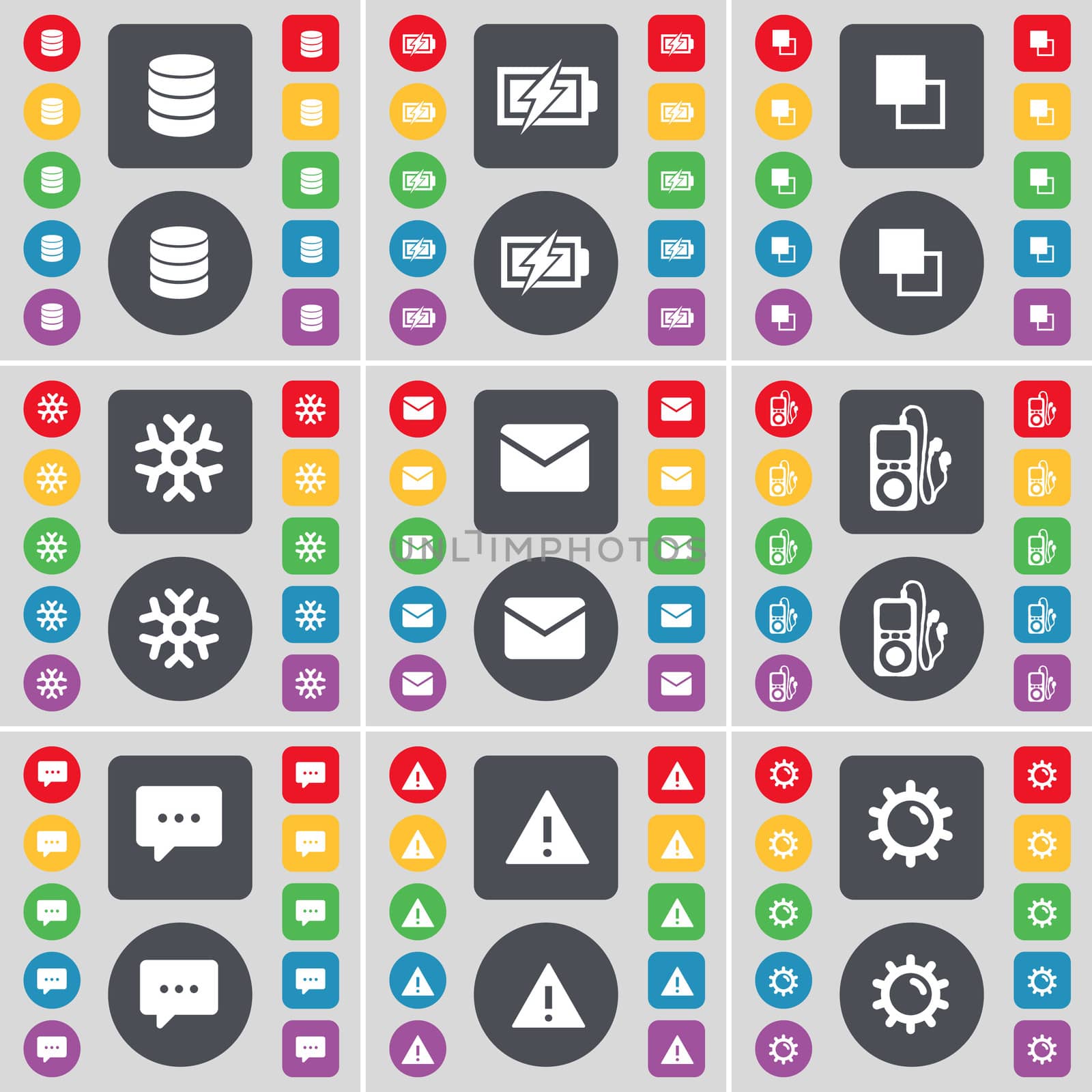 Database, Charging, Copy, Snowflake, Message, MP3 player, Chat bubble, Warning, Gear icon symbol. A large set of flat, colored buttons for your design.  by serhii_lohvyniuk