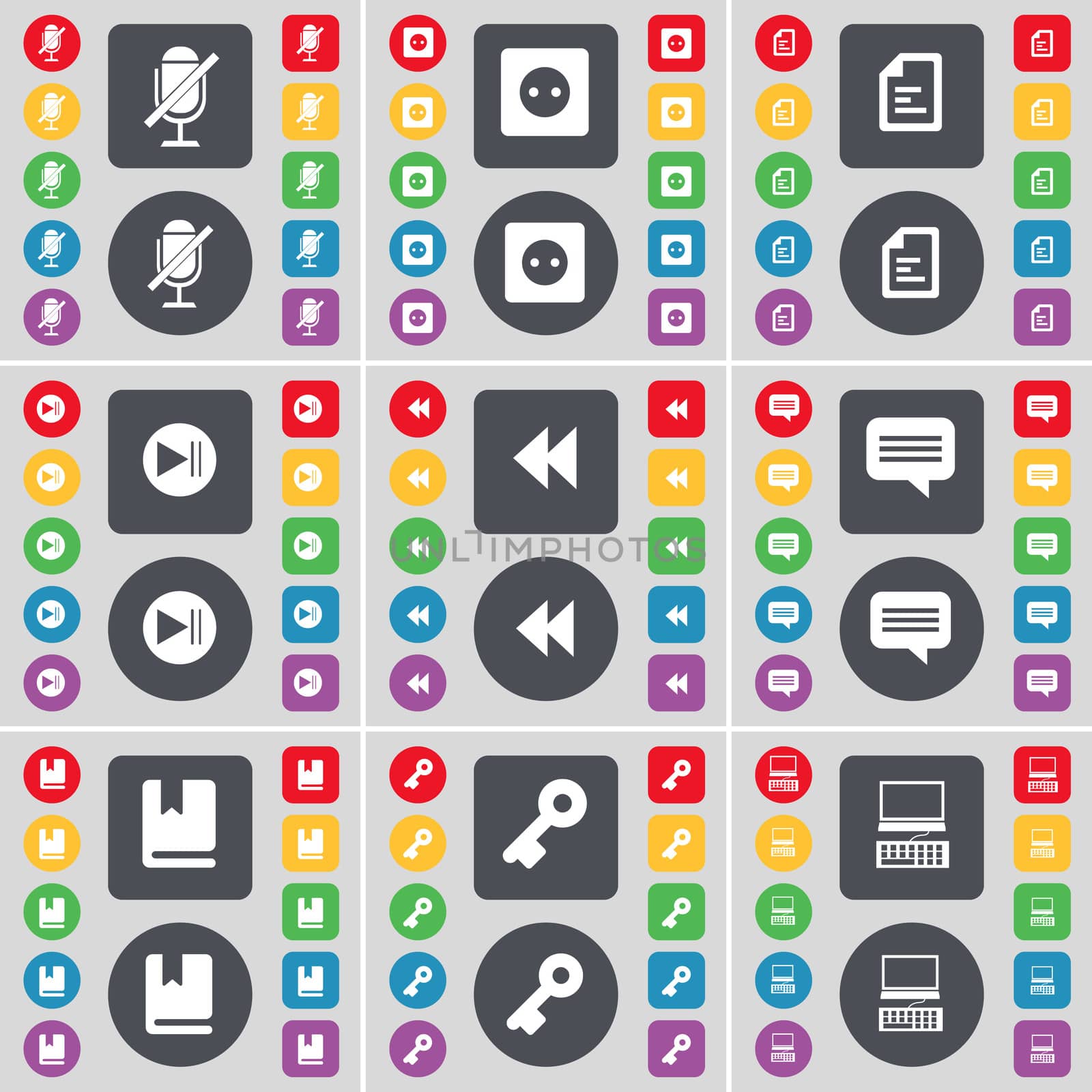 Microphone, Socket, Text file, Media skip, Rewind, Chat bubble, Dictionary, Key, Laptop icon symbol. A large set of flat, colored buttons for your design. illustration