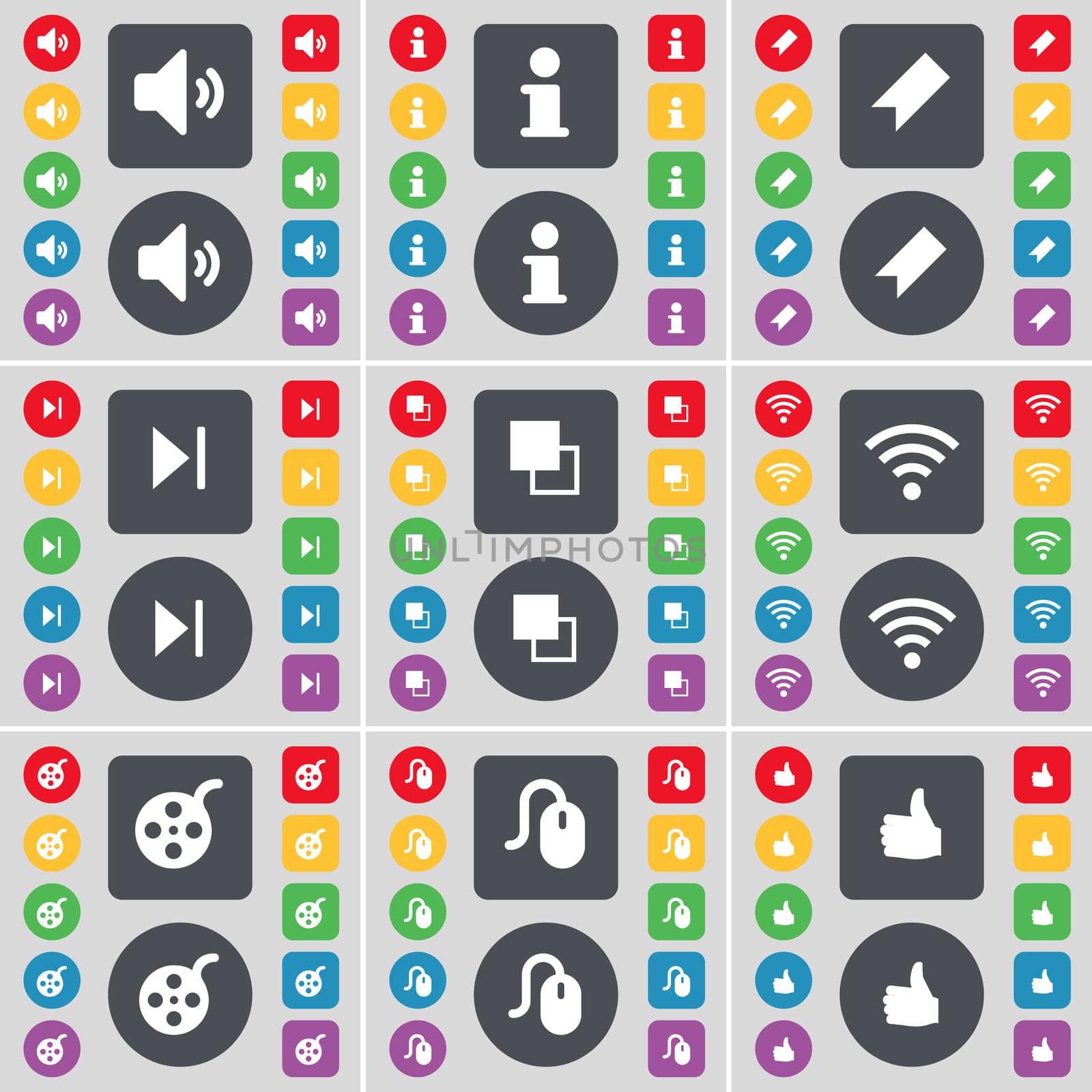 Sound, Information, Marker, Media skip, Copy, Wi-Fi, Videotape, Mouse, Like icon symbol. A large set of flat, colored buttons for your design. illustration