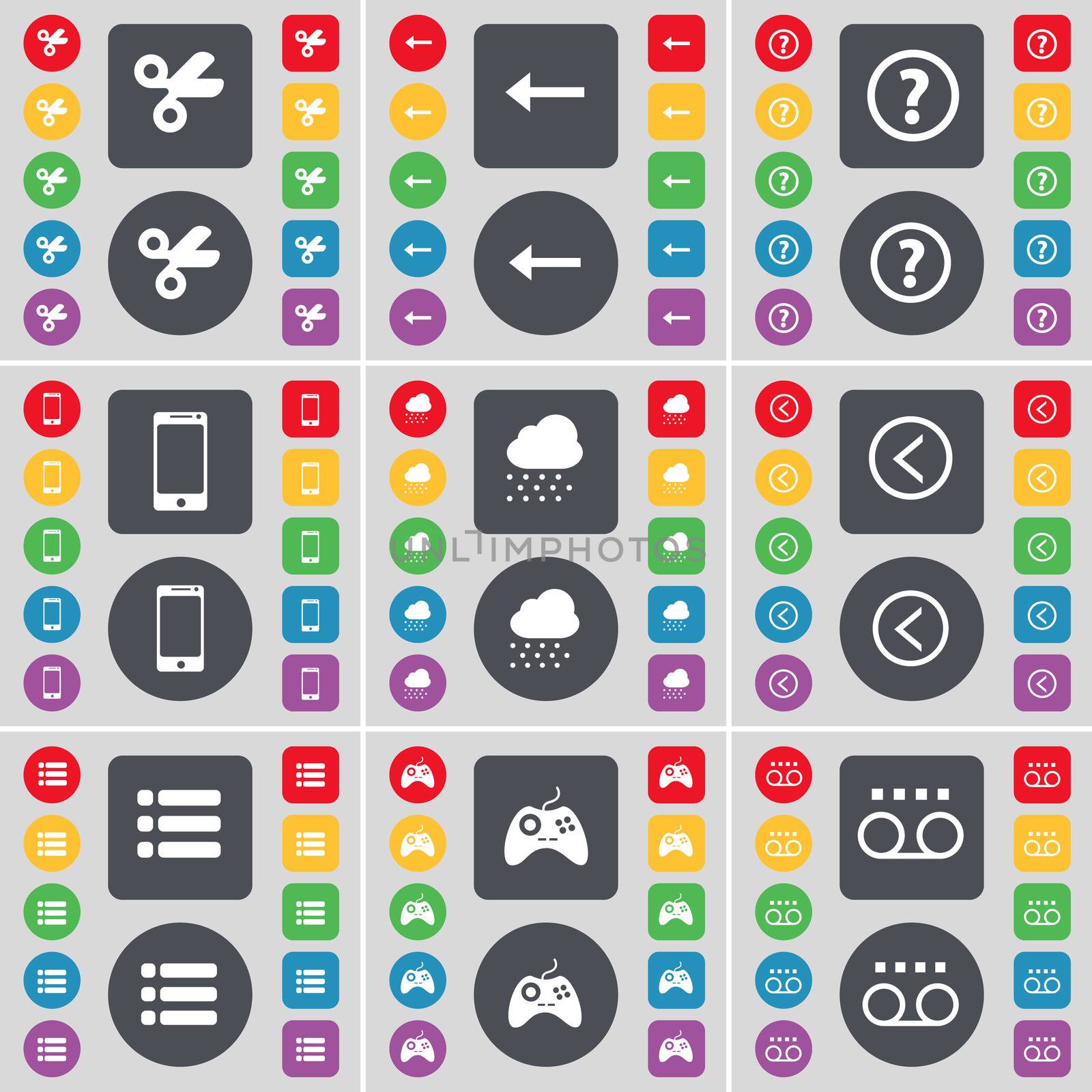 Scissors, Arrow left, Question mark, Smartphone, Cloud, Arrow left, List, Gamepad, Cassette icon symbol. A large set of flat, colored buttons for your design. illustration