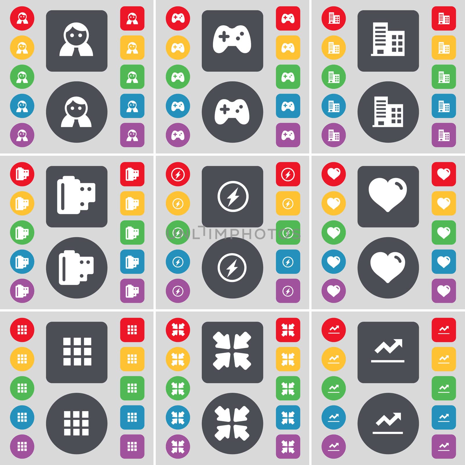 Avatar, Gamepad, Building, Negative films, Flash, Heart, Apps, Deploying screen, Graph icon symbol. A large set of flat, colored buttons for your design.  by serhii_lohvyniuk