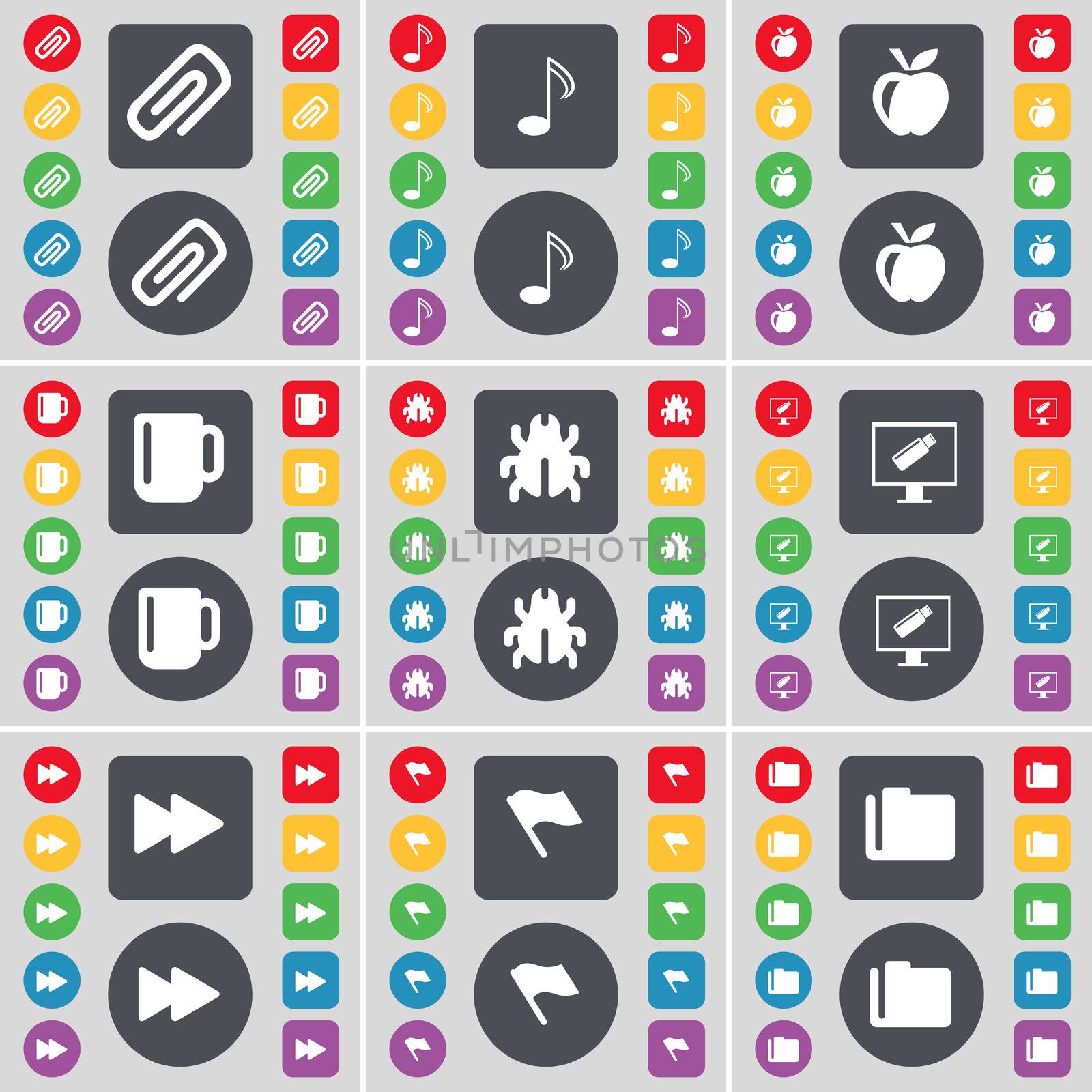 Clip, Note, Apple, Cup, Bug, Montor, Rewind, Flag, Folder icon symbol. A large set of flat, colored buttons for your design. illustration