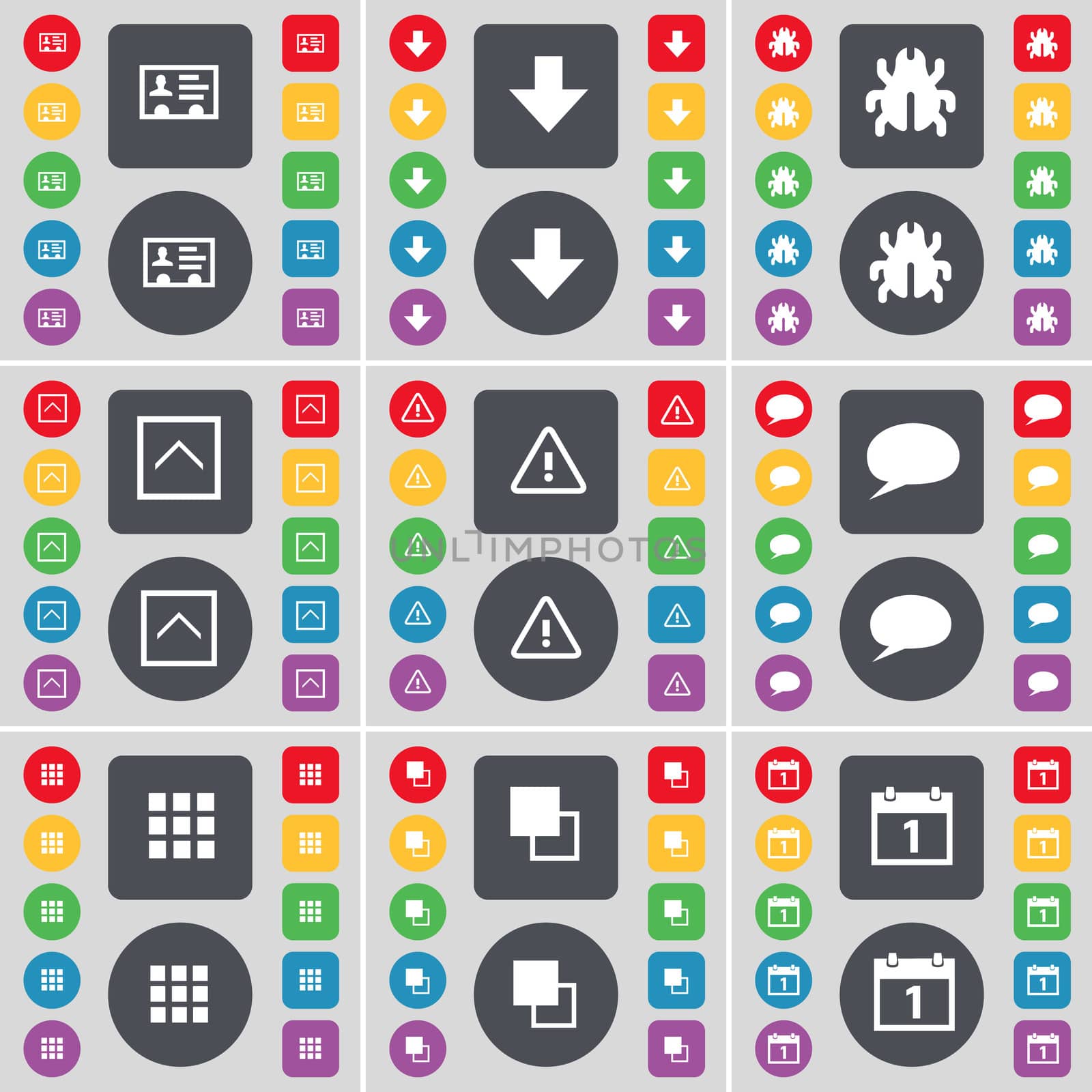 Contact, Arrow down, Bug, Arrow up, Warning, Chat bubble, Apps, Copy, Calendar icon symbol. A large set of flat, colored buttons for your design.  by serhii_lohvyniuk
