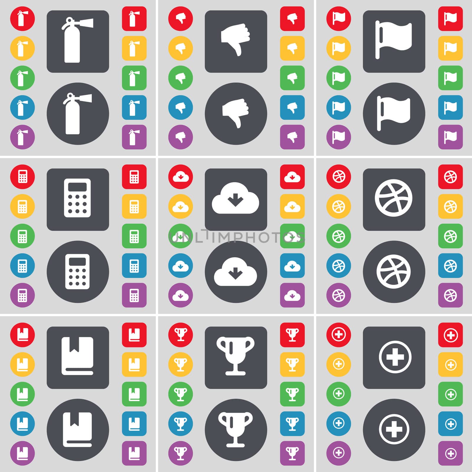 Fire extinguisher, Dislike, Flag, Calculator, Cloud, Ball, Dictionary, Cup, Plus icon symbol. A large set of flat, colored buttons for your design.  by serhii_lohvyniuk