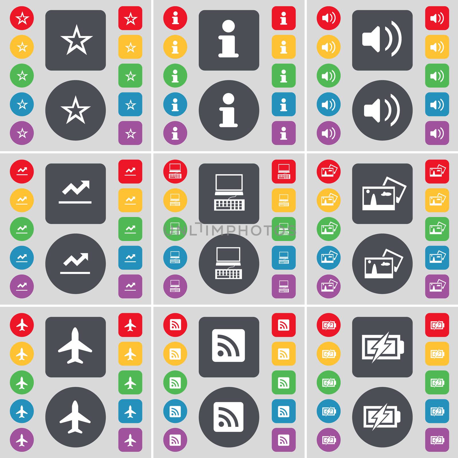 Star, Information, Sound, Graph, Laptop, Picture, Airplane, RSS, Charging icon symbol. A large set of flat, colored buttons for your design. illustration