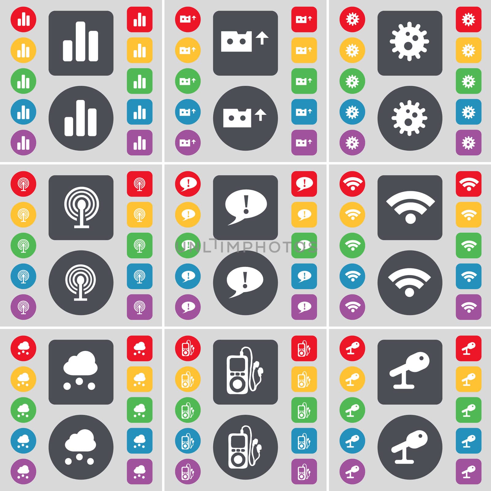 Diagram, Cassette, Gear, Wi-Fi, Chat bubble, Wi-Fi, Cloud, MP3 player, Microphone icon symbol. A large set of flat, colored buttons for your design. illustration