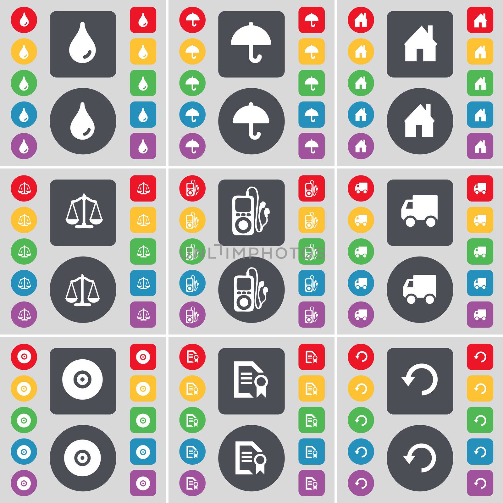 Drop, Umbrella, House, Scales, MP3, Truck, Disk, Text file, Reload icon symbol. A large set of flat, colored buttons for your design.  by serhii_lohvyniuk