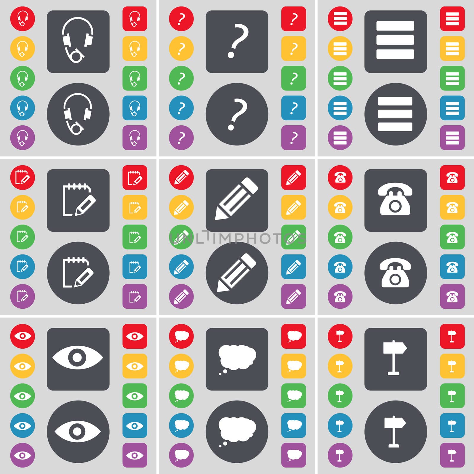 Headphones, Question mark, Apps, Notebook, Pencil, Retro phone, Vision, Chat cloud, Signpost icon symbol. A large set of flat, colored buttons for your design. illustration