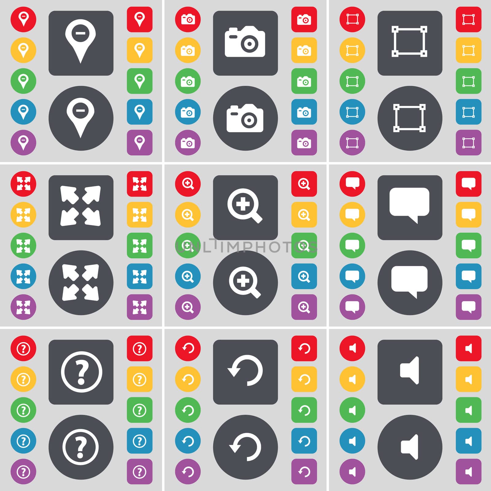 Checkpoint, Camera, Frame, Full screen, Magnifing glass, Chat bubble, Question mark, Reload, Sound icon symbol. A large set of flat, colored buttons for your design. illustration
