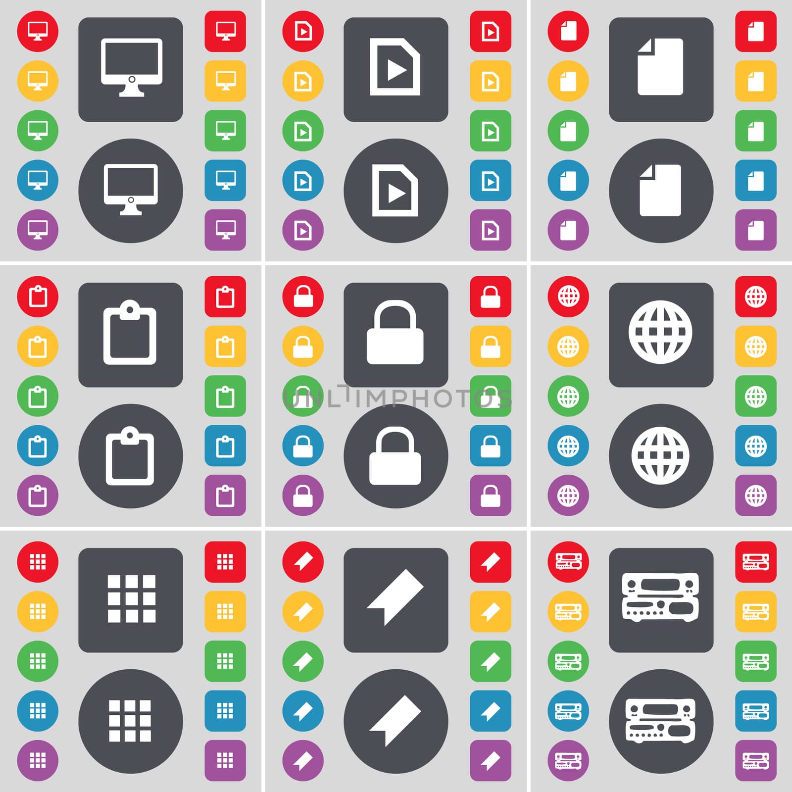 Monitor, Media file, File, Survey, Lock, Globe, Apps, Marker, Record-player icon symbol. A large set of flat, colored buttons for your design. illustration