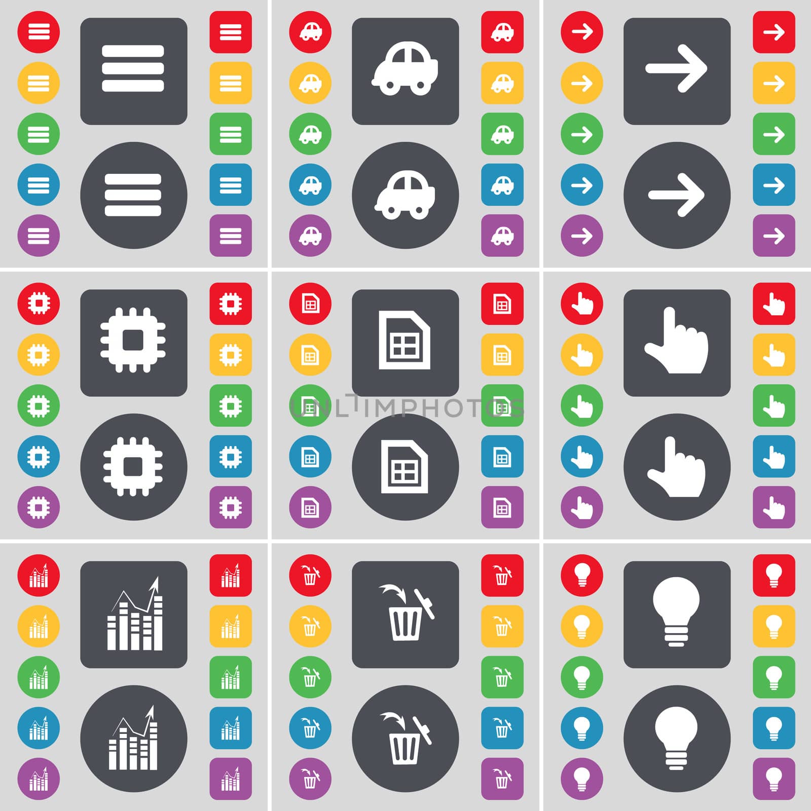 Apps, Car, Arrow right, Processor, File, Hand, Graph, Trash can, Light bulb icon symbol. A large set of flat, colored buttons for your design. illustration