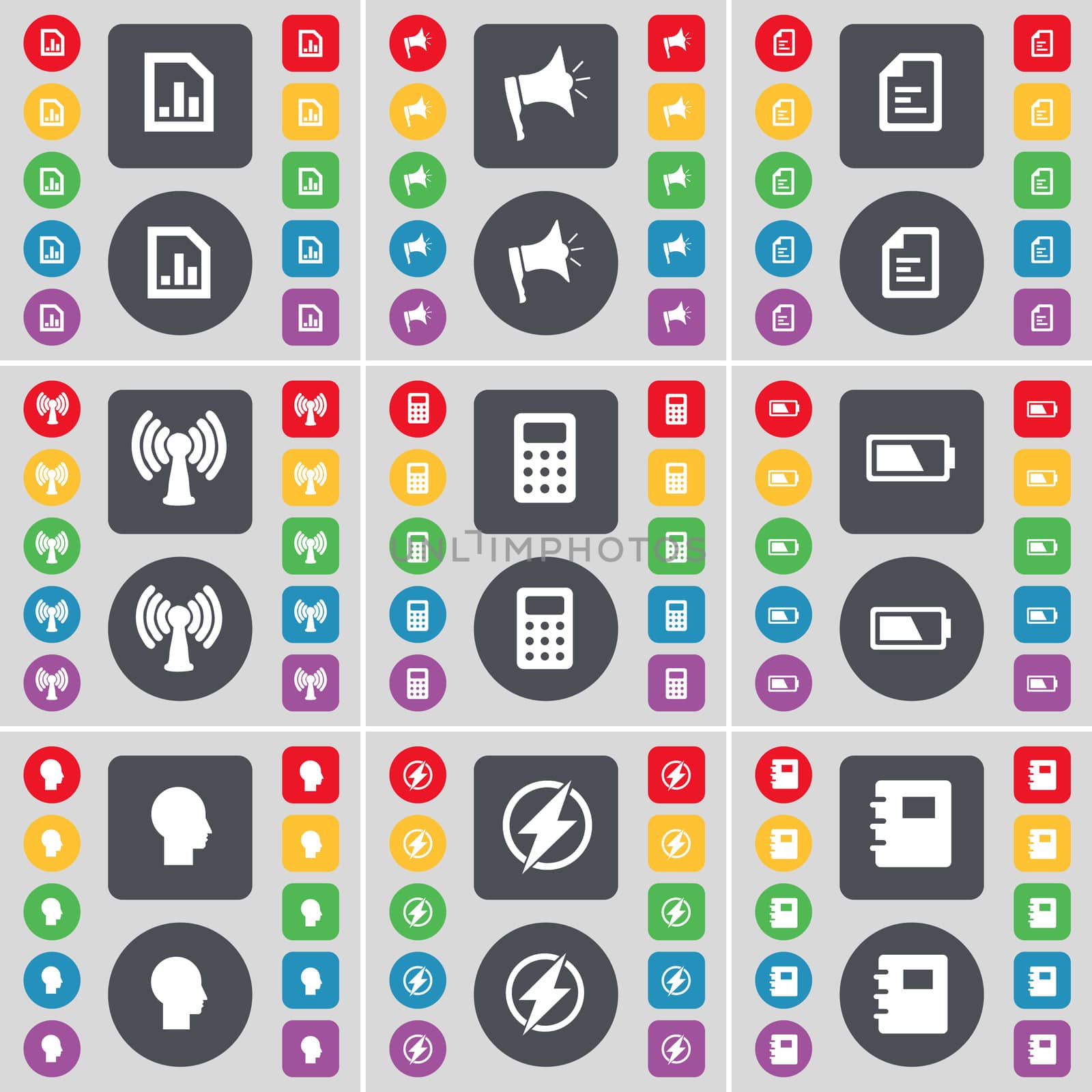 Diagram file, Megaphone, Text file, Wi-Fi, Calculator, Battery, Silhouette, Flash, Notebook icon symbol. A large set of flat, colored buttons for your design. illustration