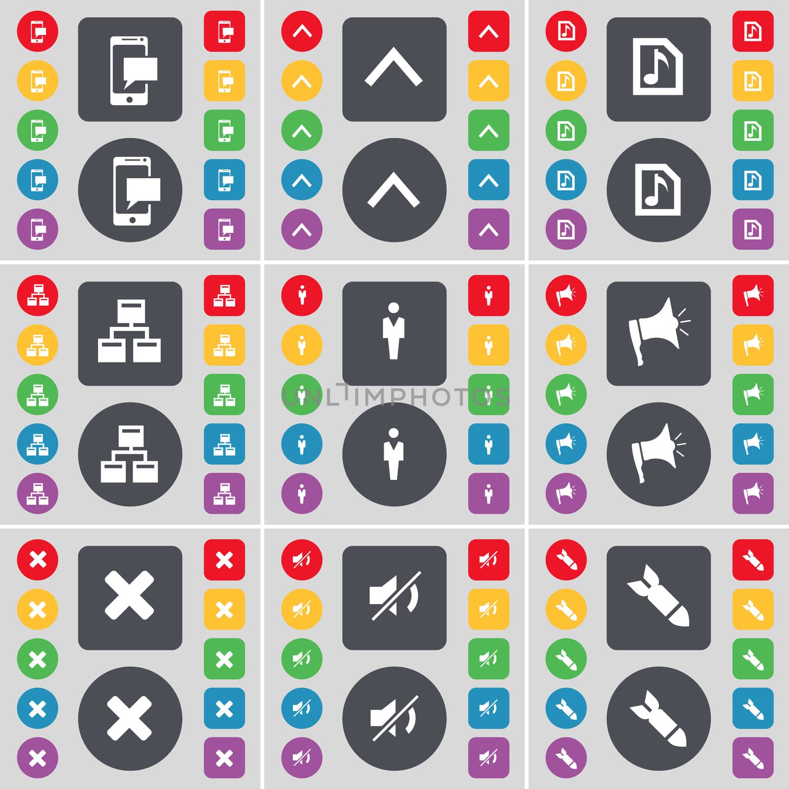 SMS, Arrow up, Music file, Network, Silhouette, Megaphone, Stop, Mute, Rocket icon symbol. A large set of flat, colored buttons for your design. illustration