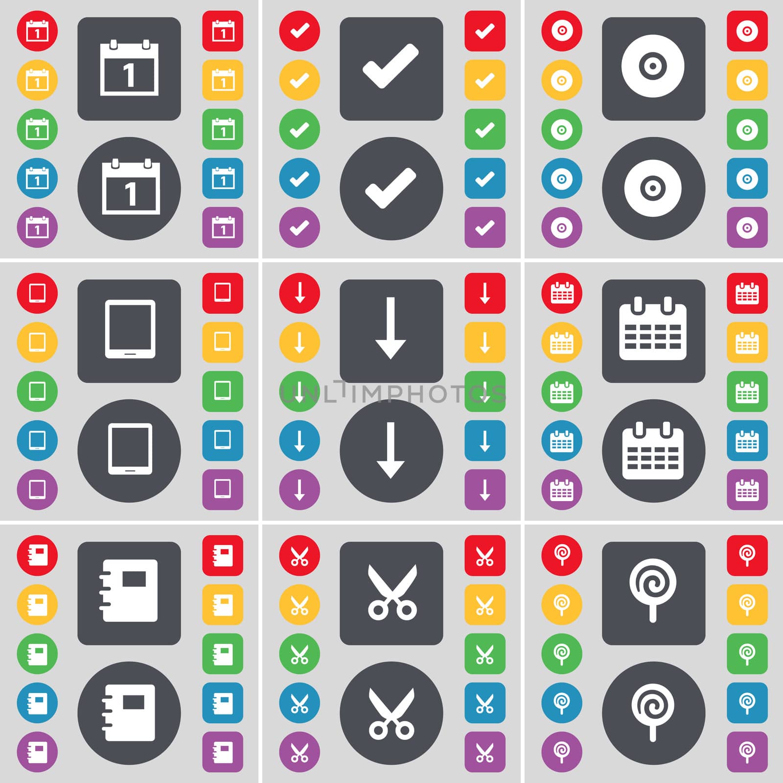 Calendar, Tick, Disk, Tablet PC, Arrow down, Notebook, Scissors, Lollipop icon symbol. A large set of flat, colored buttons for your design. illustration