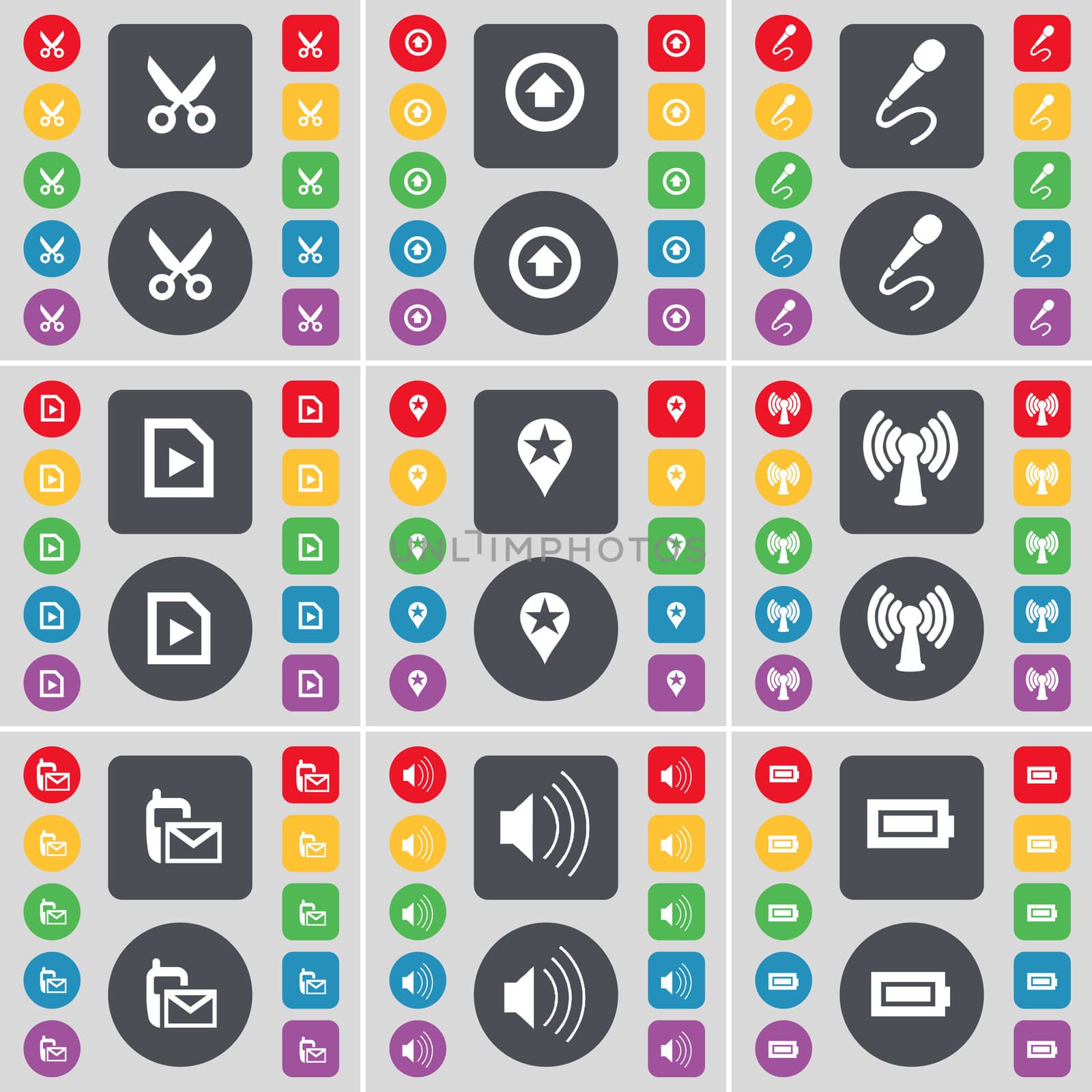 Scissors, Arrow up, Microphone, Media file, Checkpoint, Wi-Fi, SMS, Sound, Battery icon symbol. A large set of flat, colored buttons for your design. illustration