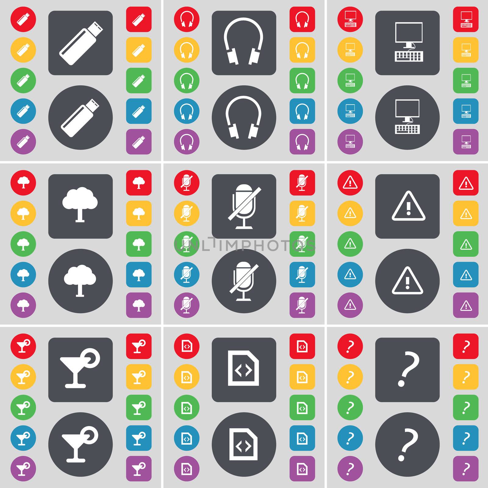 USB, Headphones, PC, Tree, Microphone, Warning, Cocktail, File, Question mark icon symbol. A large set of flat, colored buttons for your design. illustration