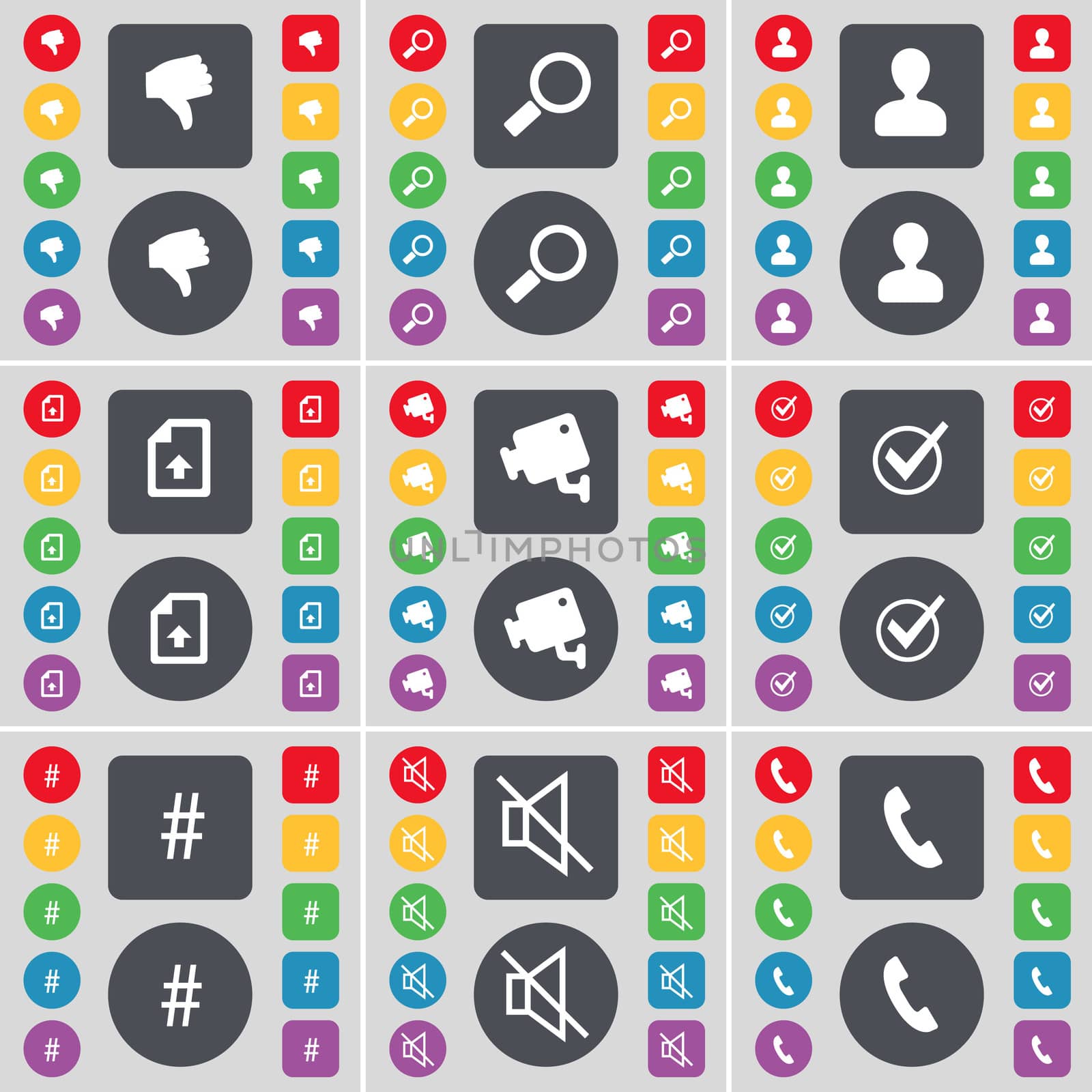 Dislike, Magnifying glass, Avatar, Upload file, CCTV, Tick, Hashtag, Mute, Receiver icon symbol. A large set of flat, colored buttons for your design.  by serhii_lohvyniuk
