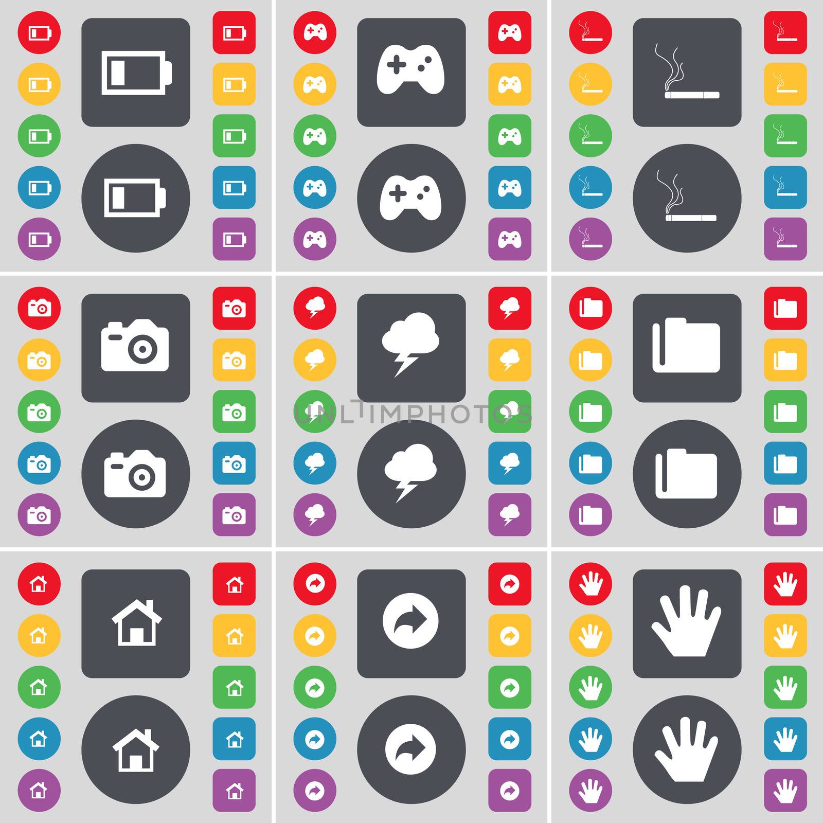 Battery, Gamepad, Cigarette, Camera, Lightning, Folder, House, Back, Hand icon symbol. A large set of flat, colored buttons for your design. illustration