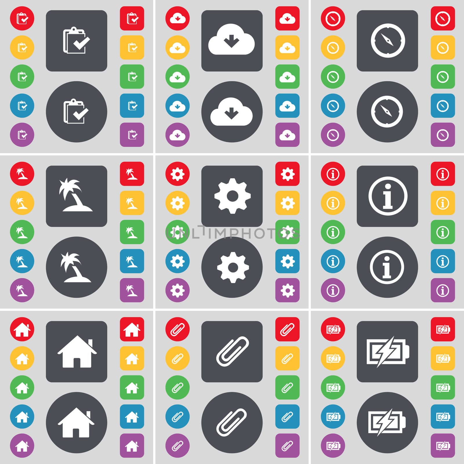 Survey, Cloud, Compass, Palm, Gear, Information, House, Clip, Charging icon symbol. A large set of flat, colored buttons for your design.  by serhii_lohvyniuk